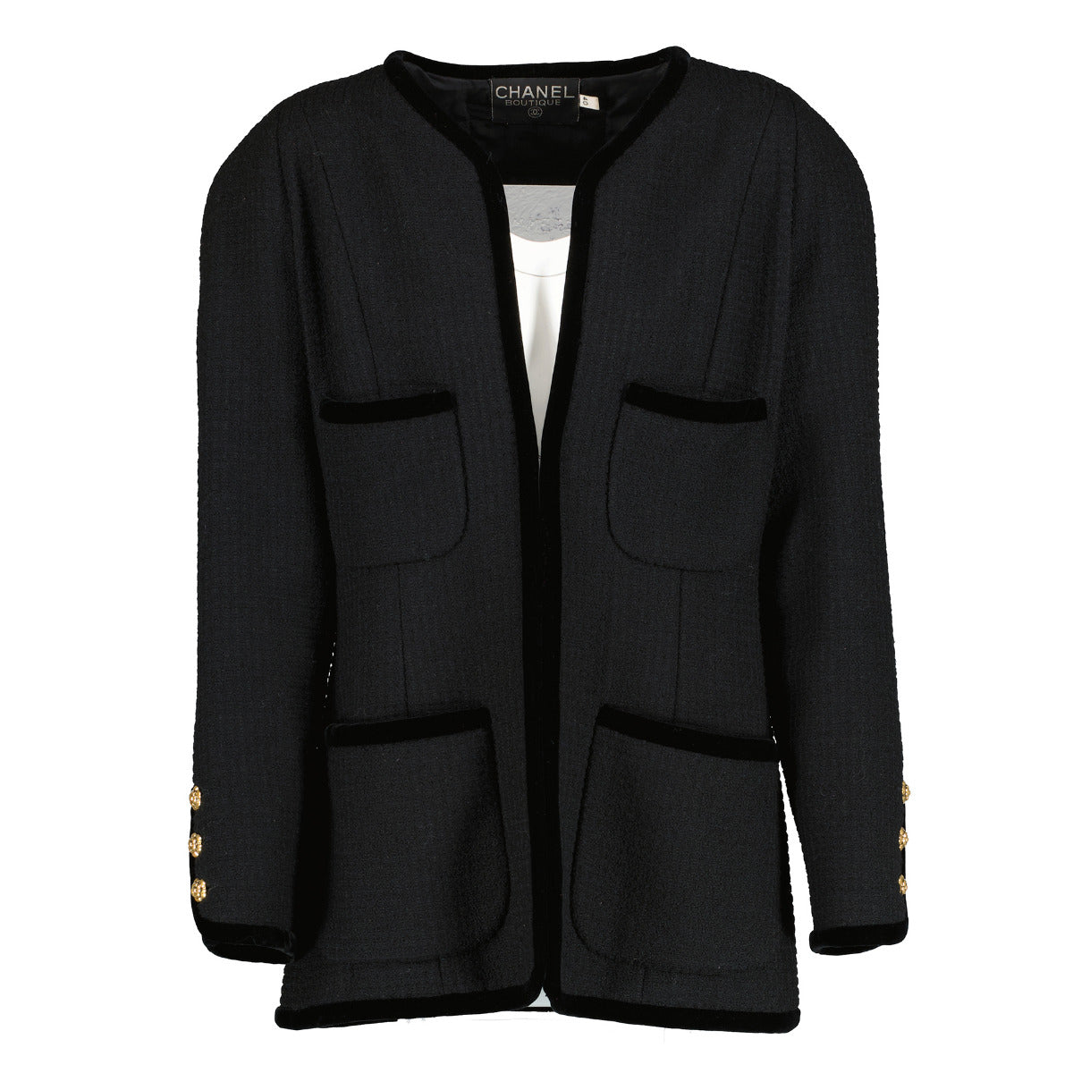Chanel Black Velvet Trim Tweed Jacket - Size FR40