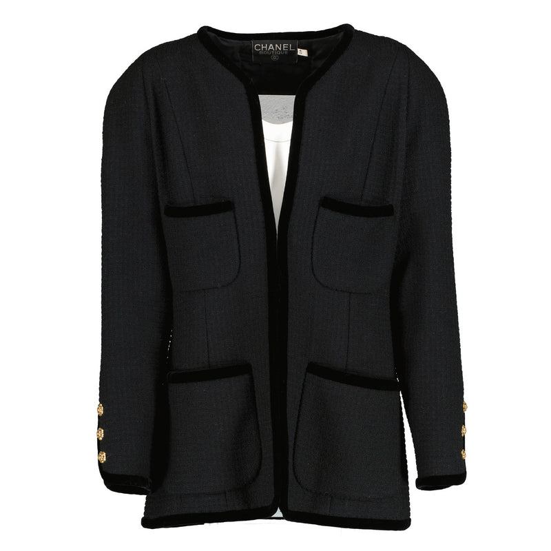 Chanel Zwart Fluweel Afgezette Tweed Jasje - Maat FR40