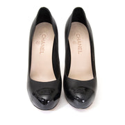 shop your vintage luxury Chanel Black Leather Patent Cap Toe Pumps 100% authentic worldwide shipping