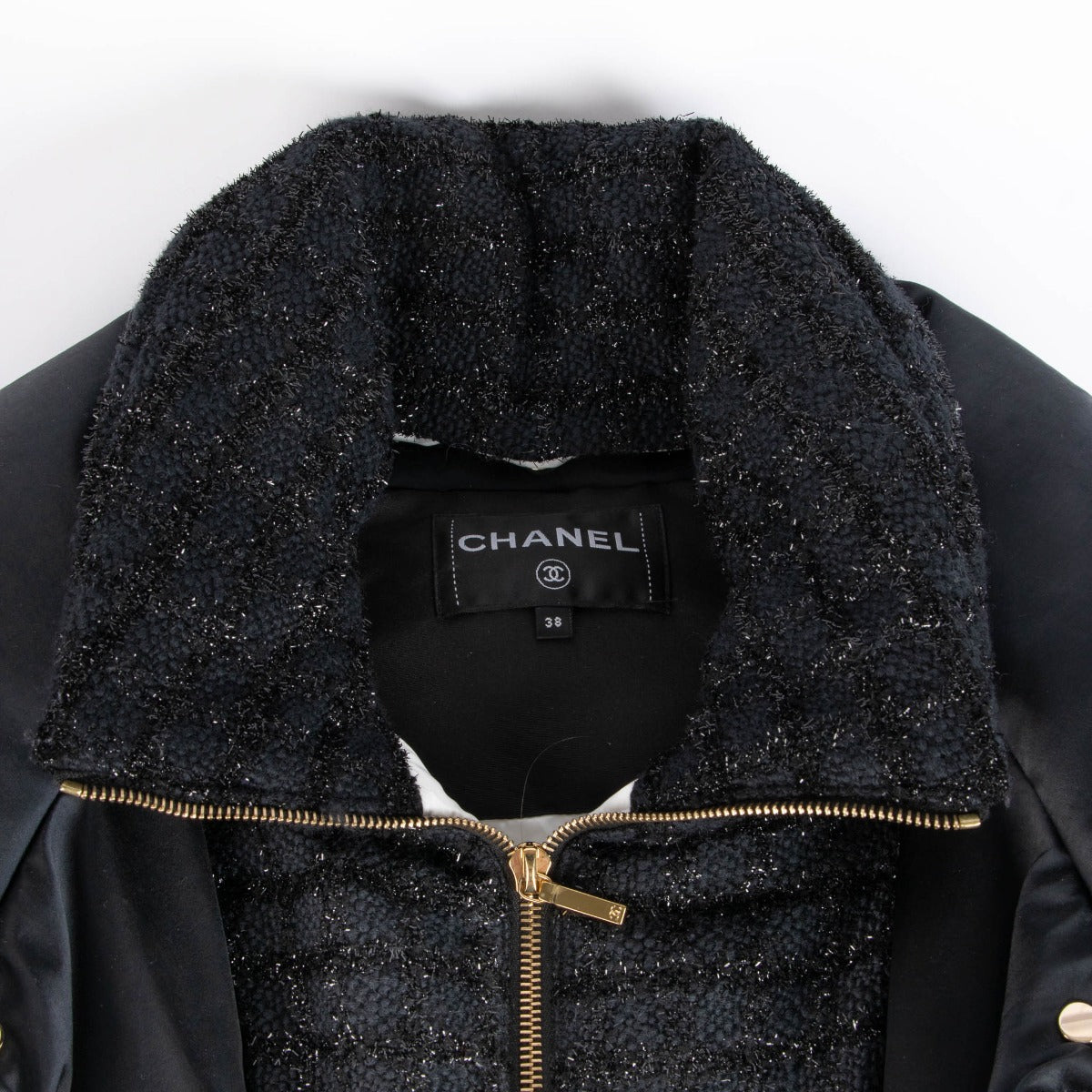 Chanel 22B Black Tweed Trim Down Jacket - Size FR38