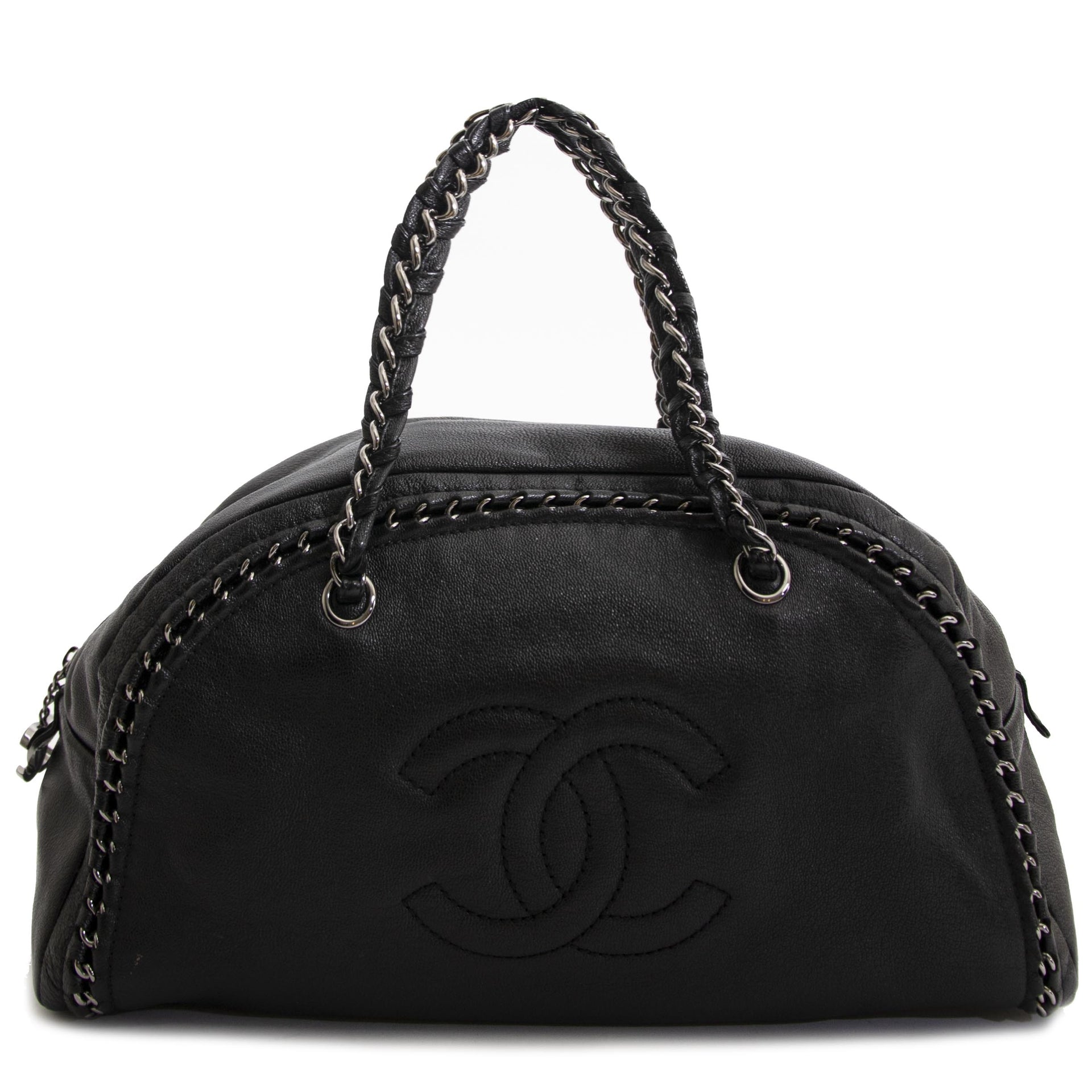 Chanel Black Leather Bowling Bag now for sale at labellov vintage fashion webshop belgium for the lowest price