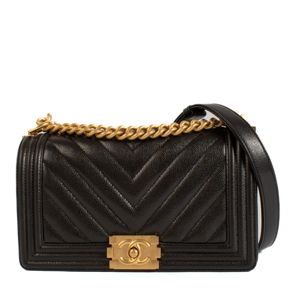 Chanel Black Caviar Chevron Medium Boy Bag