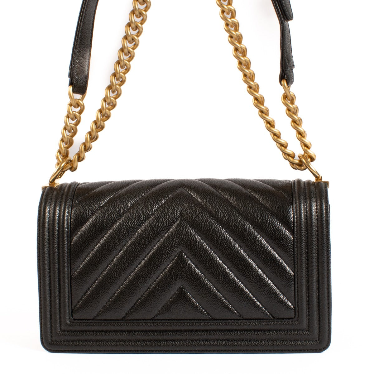 Sac Boy moyen Chanel en cuir de veau caviar brillant noir à chevrons