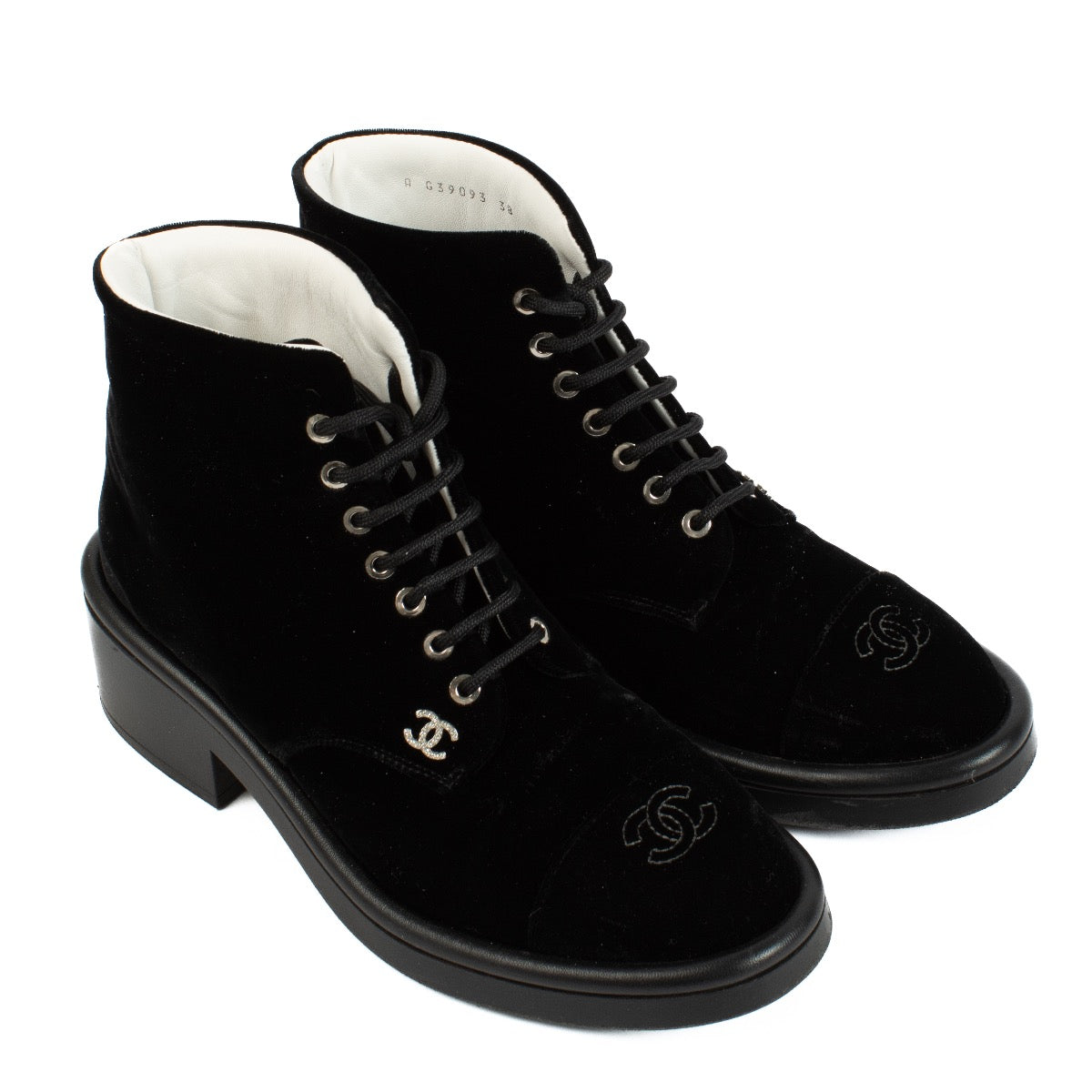 Chanel 22B Black Velvet Crystal CC Boots - Size 38
