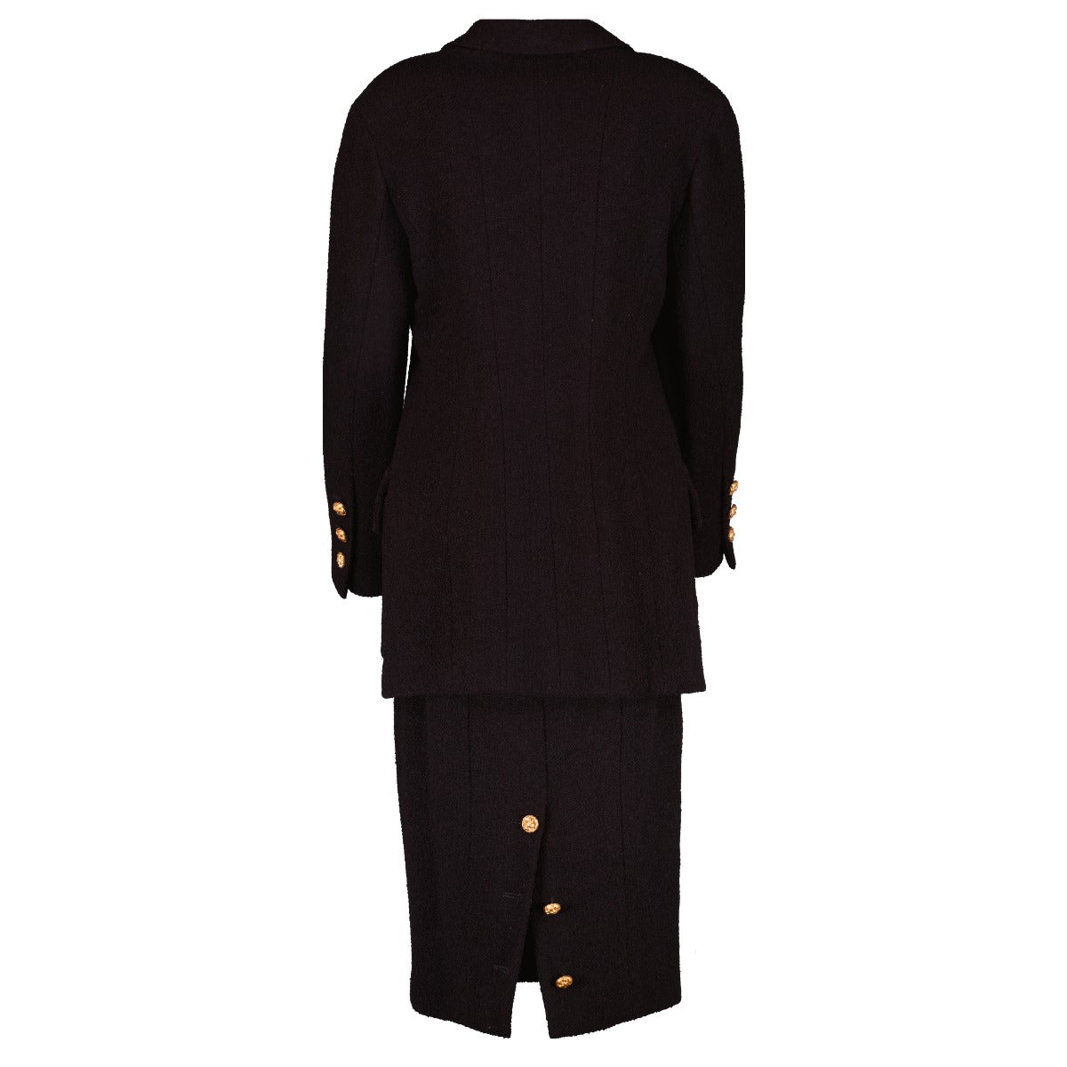 Ensemble jupe et veste à col écharpe en tweed noir vintage Chanel