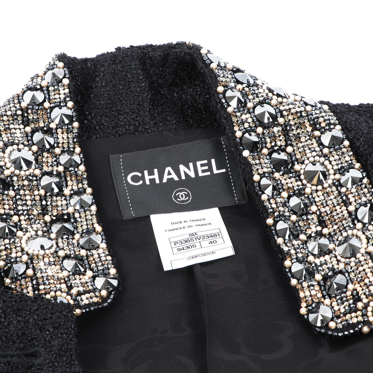 Buy an authentic second hand Chanel AW 2008 Black Short Sleeve with Rhinestones Tweed Jacket - Size FR40 in very good condition at Labellov.com
