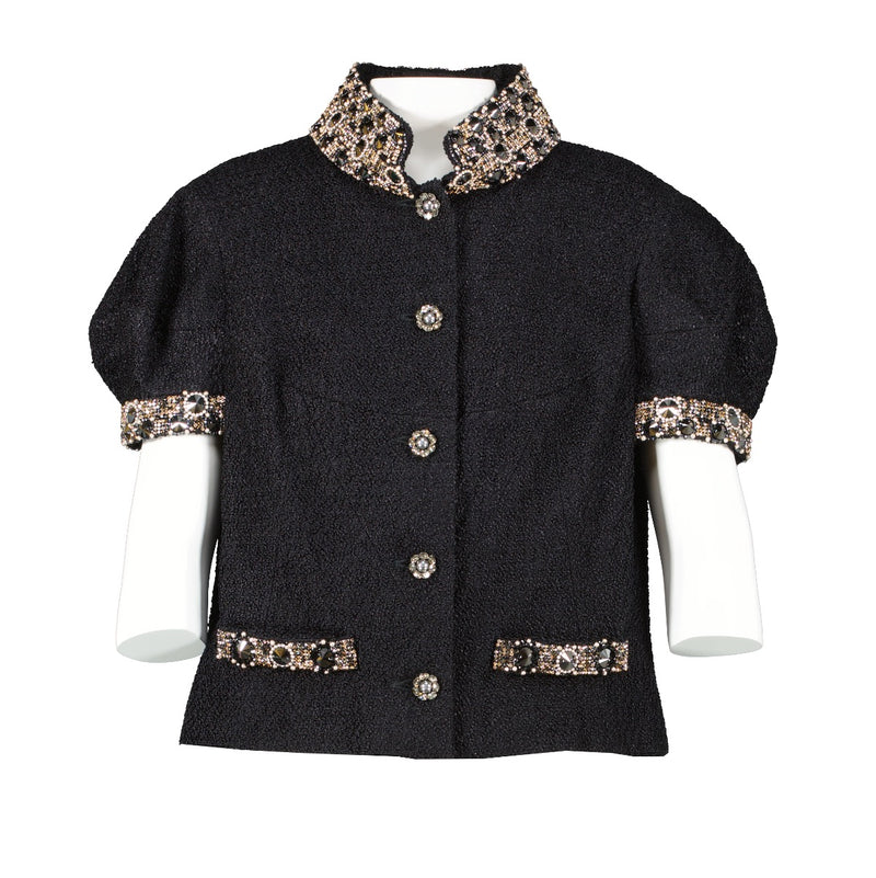 Buy an authentic second hand Chanel AW 2008 Black Short Sleeve with Rhinestones Tweed Jacket - Size FR40 in very good condition at Labellov.com