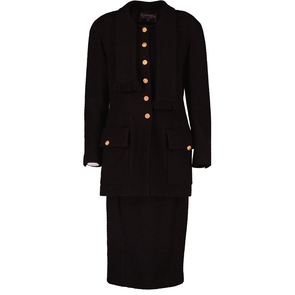 Ensemble jupe et veste à col écharpe en tweed noir vintage Chanel