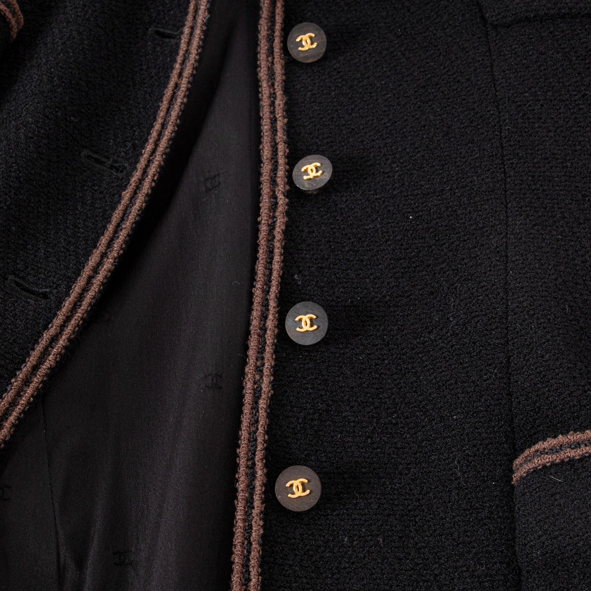 Chanel Vintage Black Tweed Wooden Button Long Coat