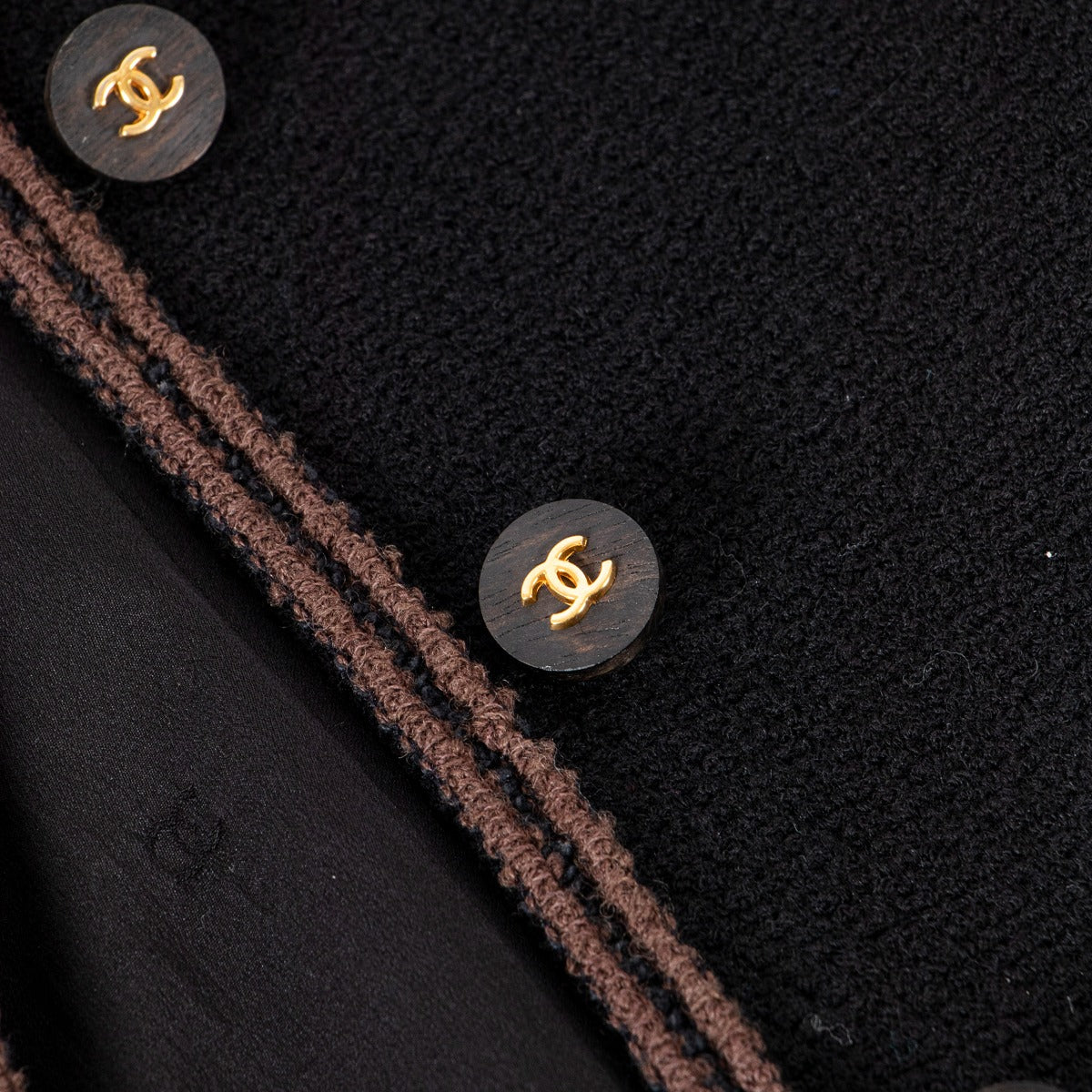 Chanel Vintage Black Tweed Wooden Button Long Coat