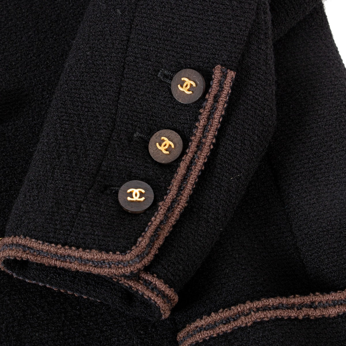 Chanel Vintage Black Tweed Wooden Button Long Coat