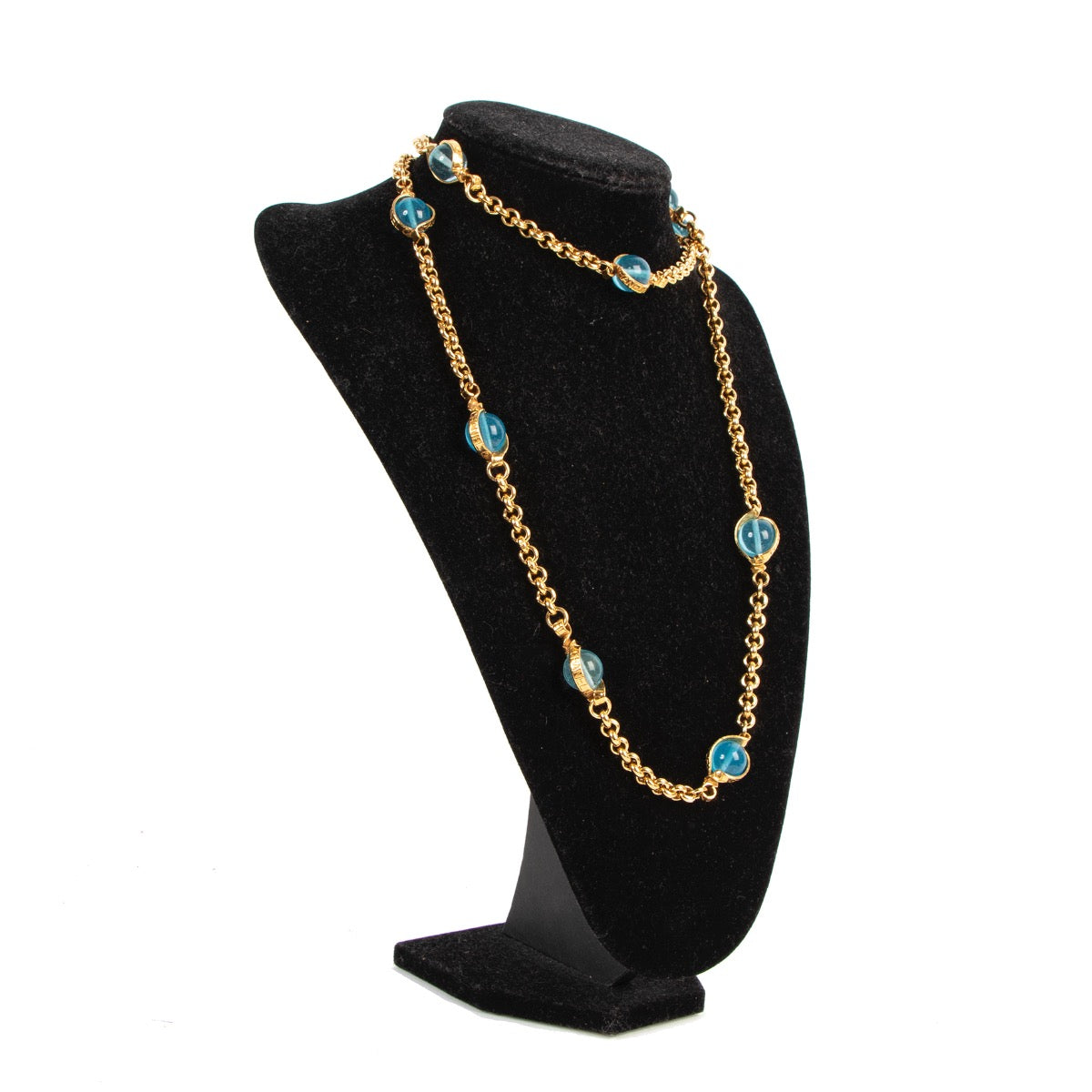 Authenitc second hand Vintage archive Chanel Spring 1996 Blue Bead Gold Chain Long Necklace at Labellov
