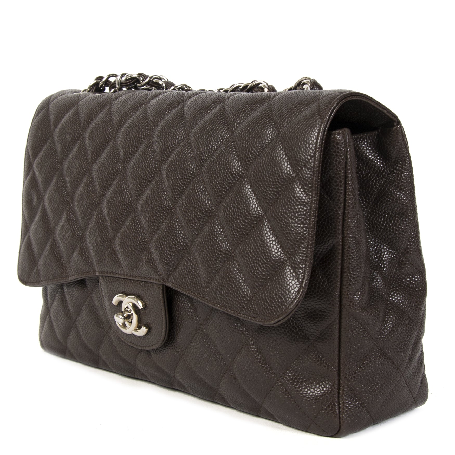 acheter en ligne seconde main Chanel Dark Brown Jumbo Caviar Classic Flap Bag