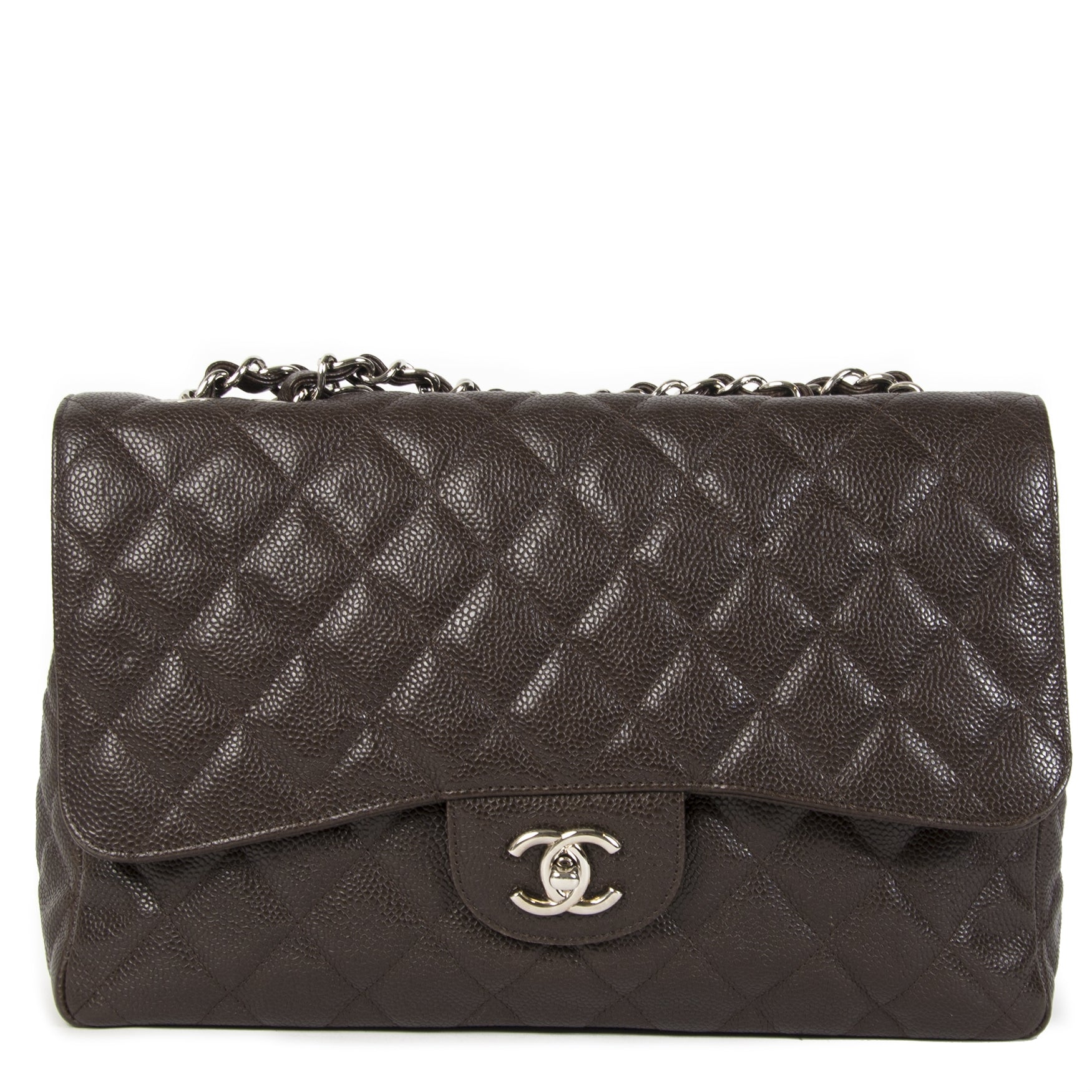 Chanel Dark Brown Jumbo Caviar Classic Flap Bag 2de hands authentiek