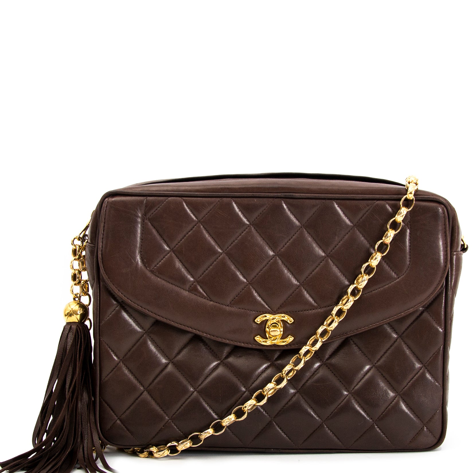 Rare and authentic Chanel Vintage Brown Camera Tassel Zip Flap Bag