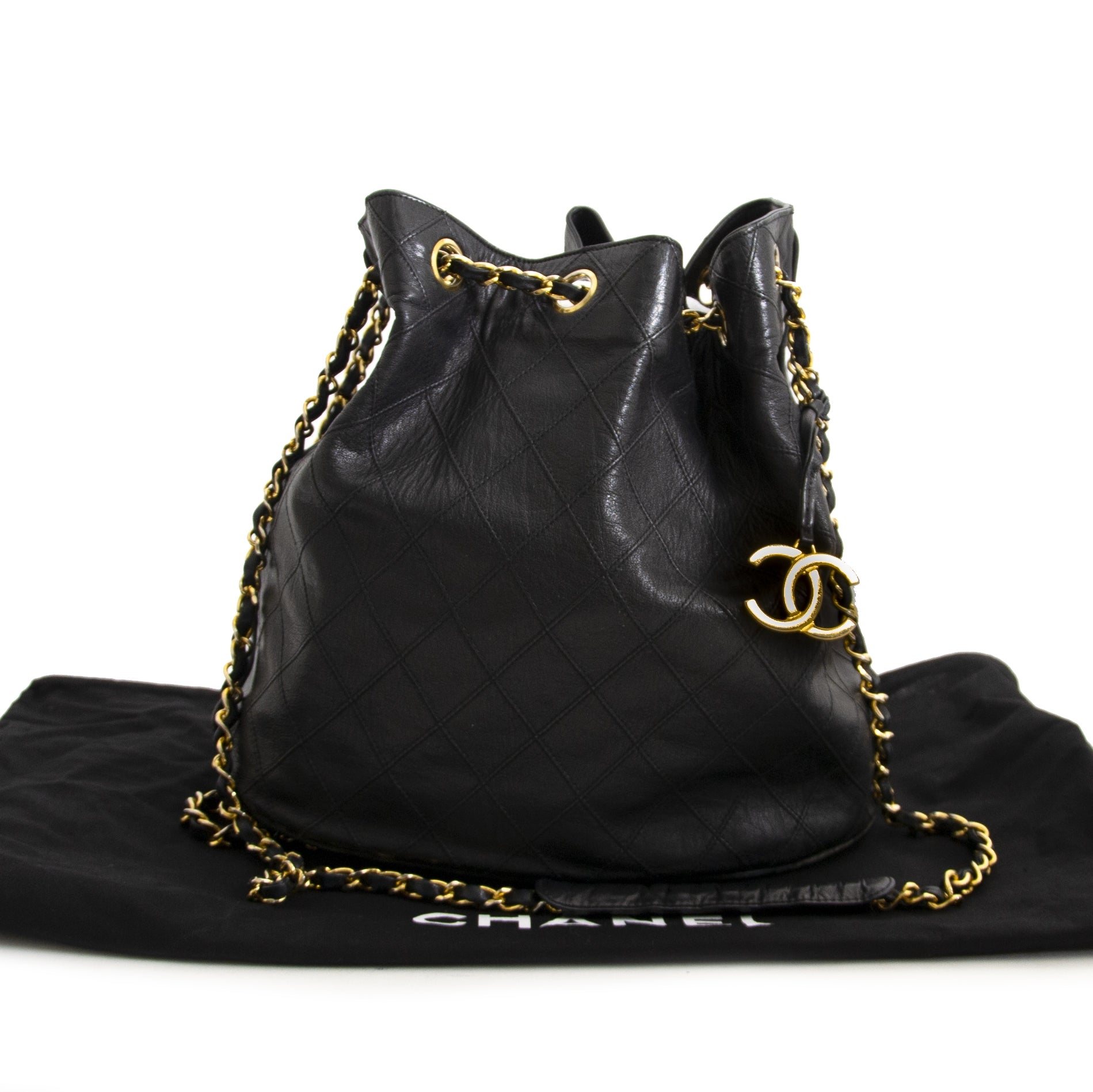 Authentic vintage Chanel Bucket Bag Gold Logo buy online LabelLOV