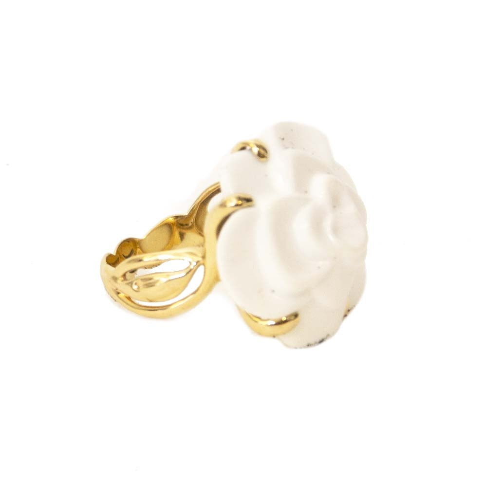 Chanel White Agate Gold Camellia Ring now online for the best price at labellov.com