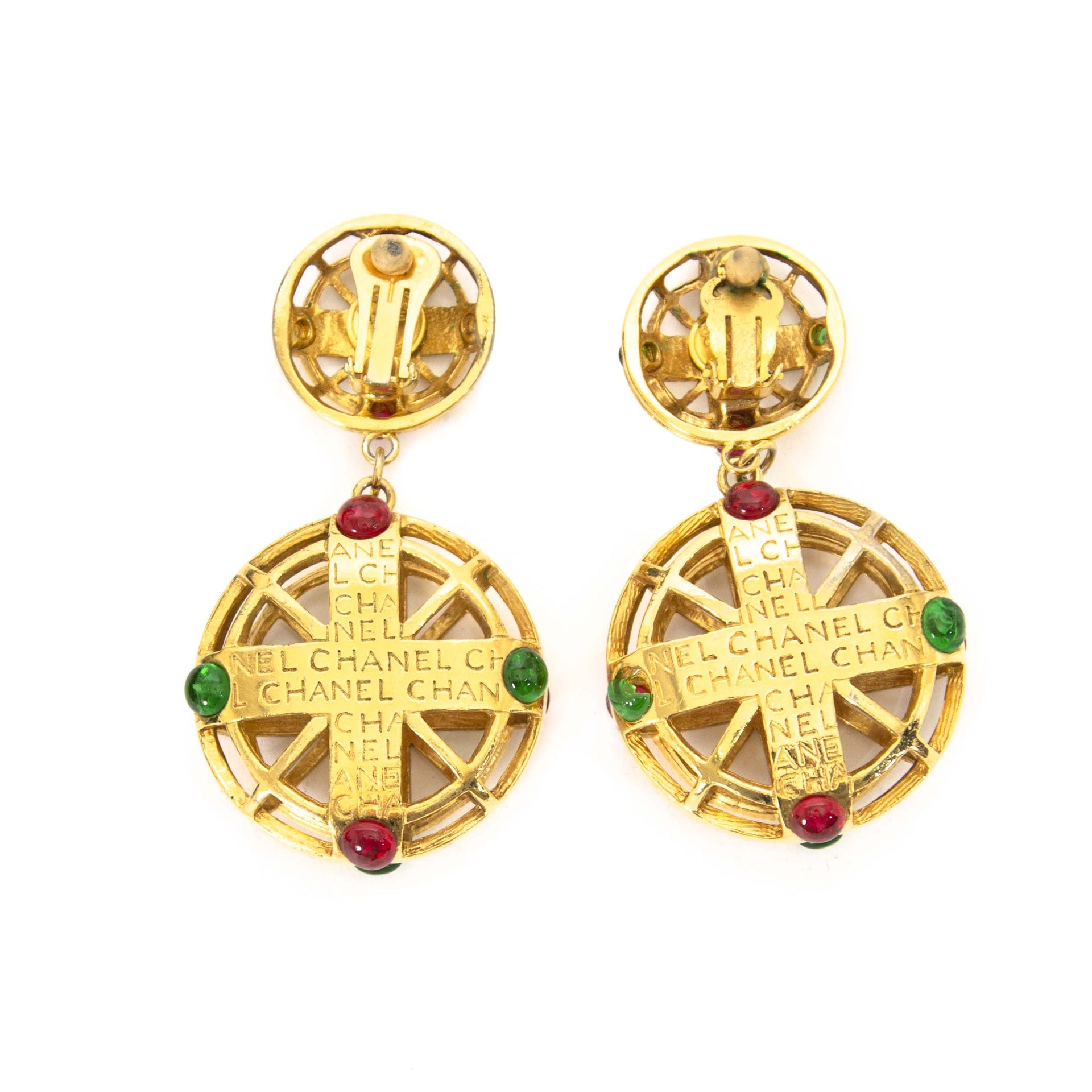 Authentic secondhand Chanel golden pendant earrings with red and green gems vintage shop online LabelLOV webshop