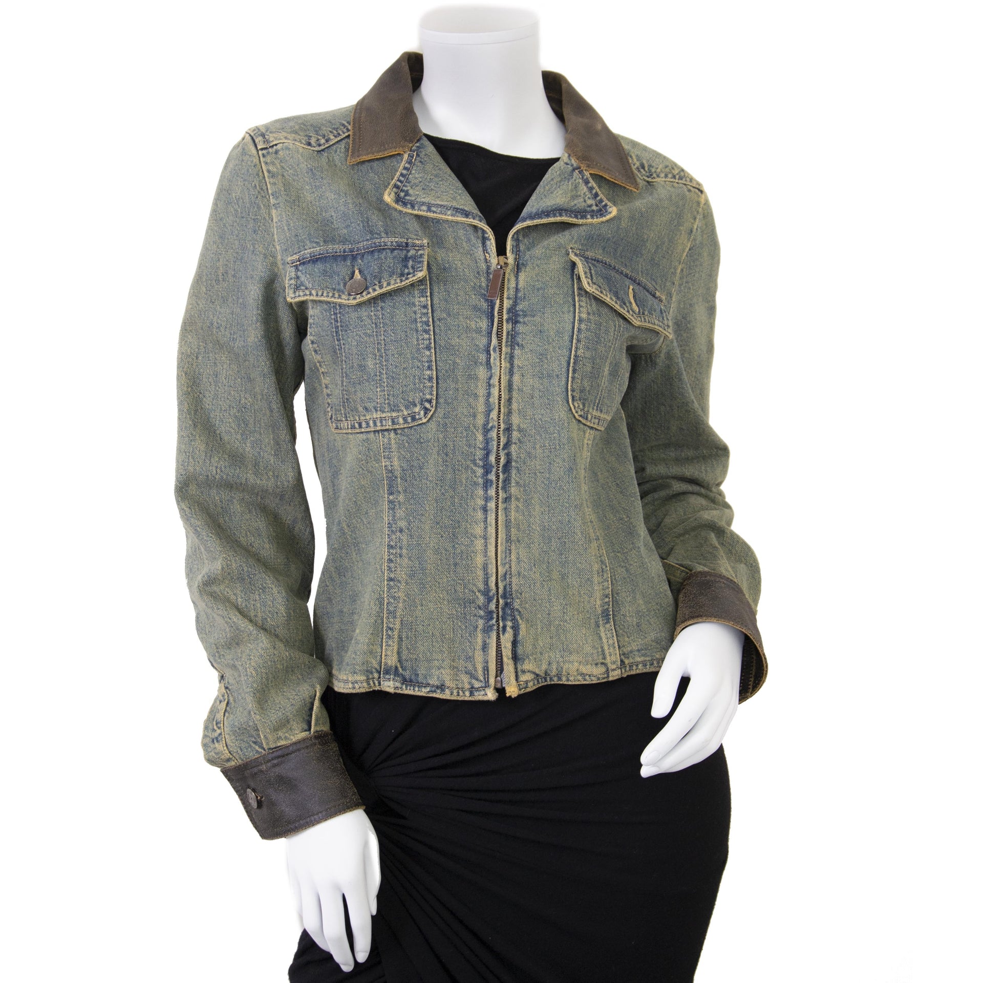 Chanel Denim Jacket with Leather Collar - size 38