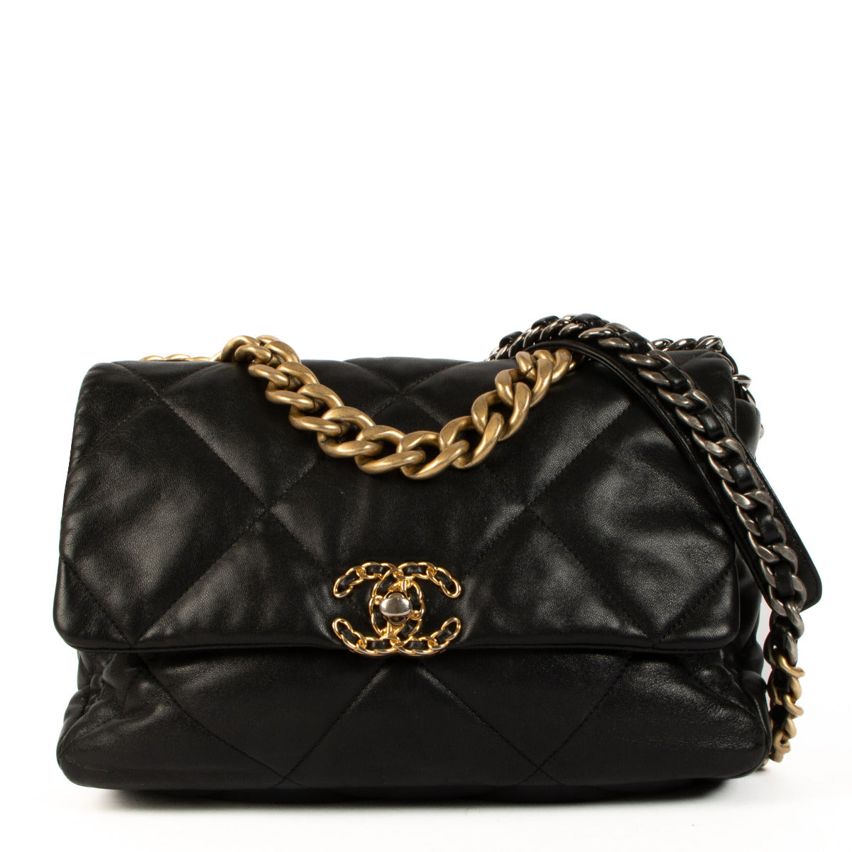 Sac à main Chanel 19 grand modèle en agneau brillant noir Chanel