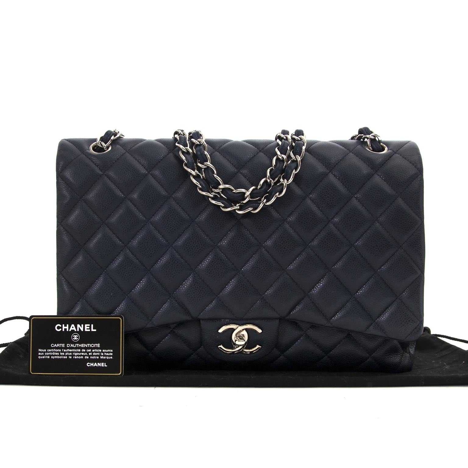 koop Chanel Maxi Dark Blue Double Classic Flap Bag bij labellov antwerpen