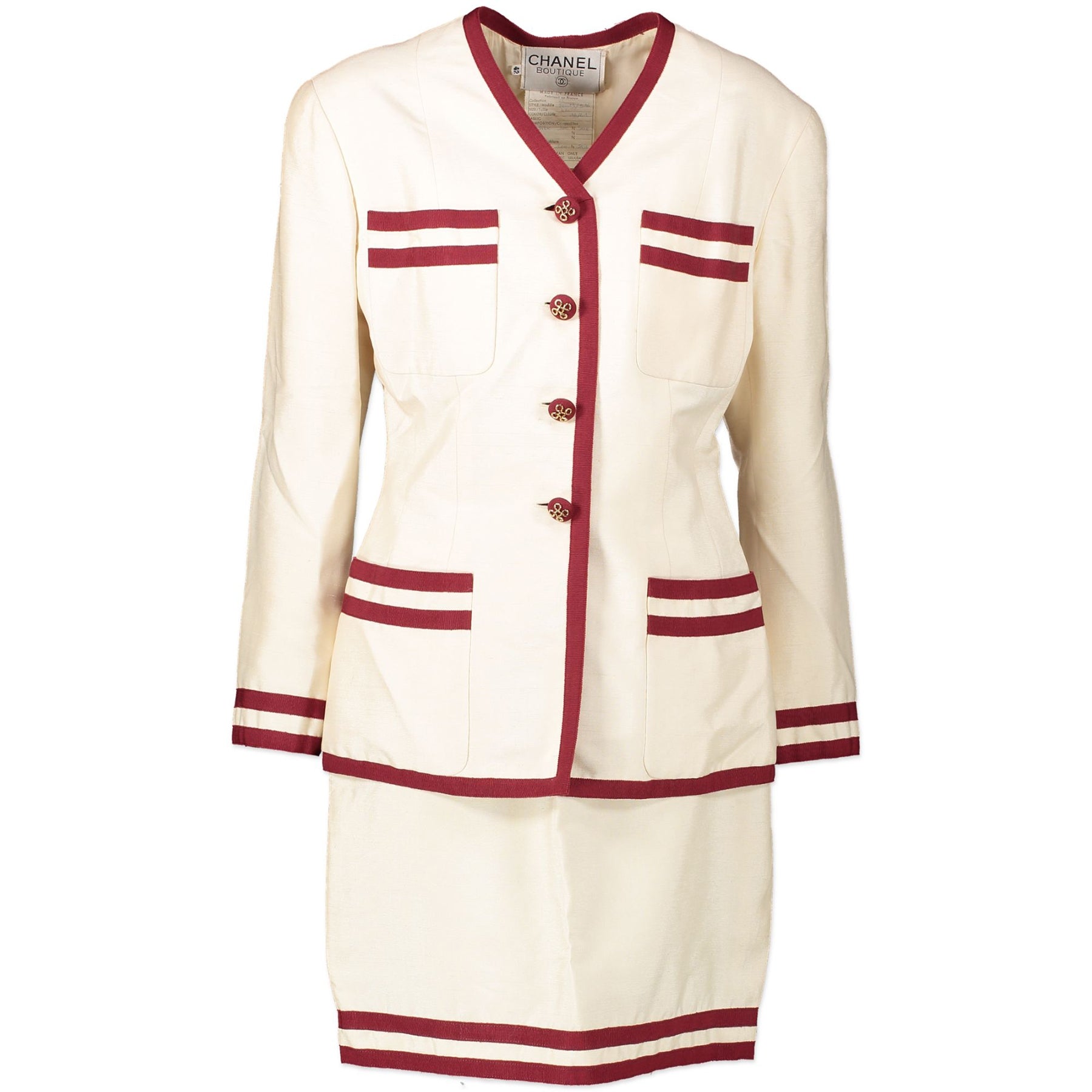 Chanel Boutique Cream And Red Silk Suit - Size 42 for the best price at Labellov secondhand luxury in Antwerp