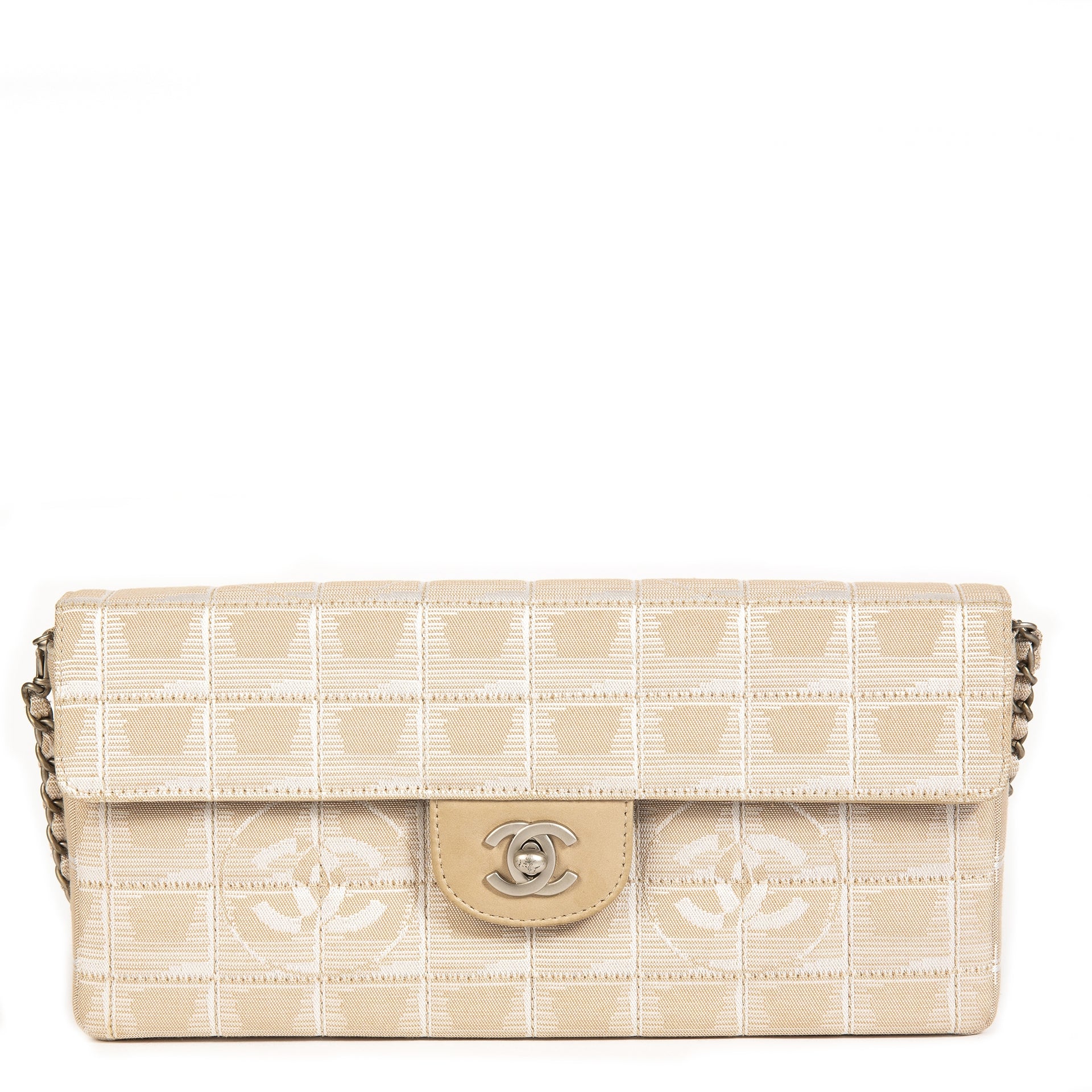 Chanel Beige Canvas Travel East West Flap Bag front of the bag