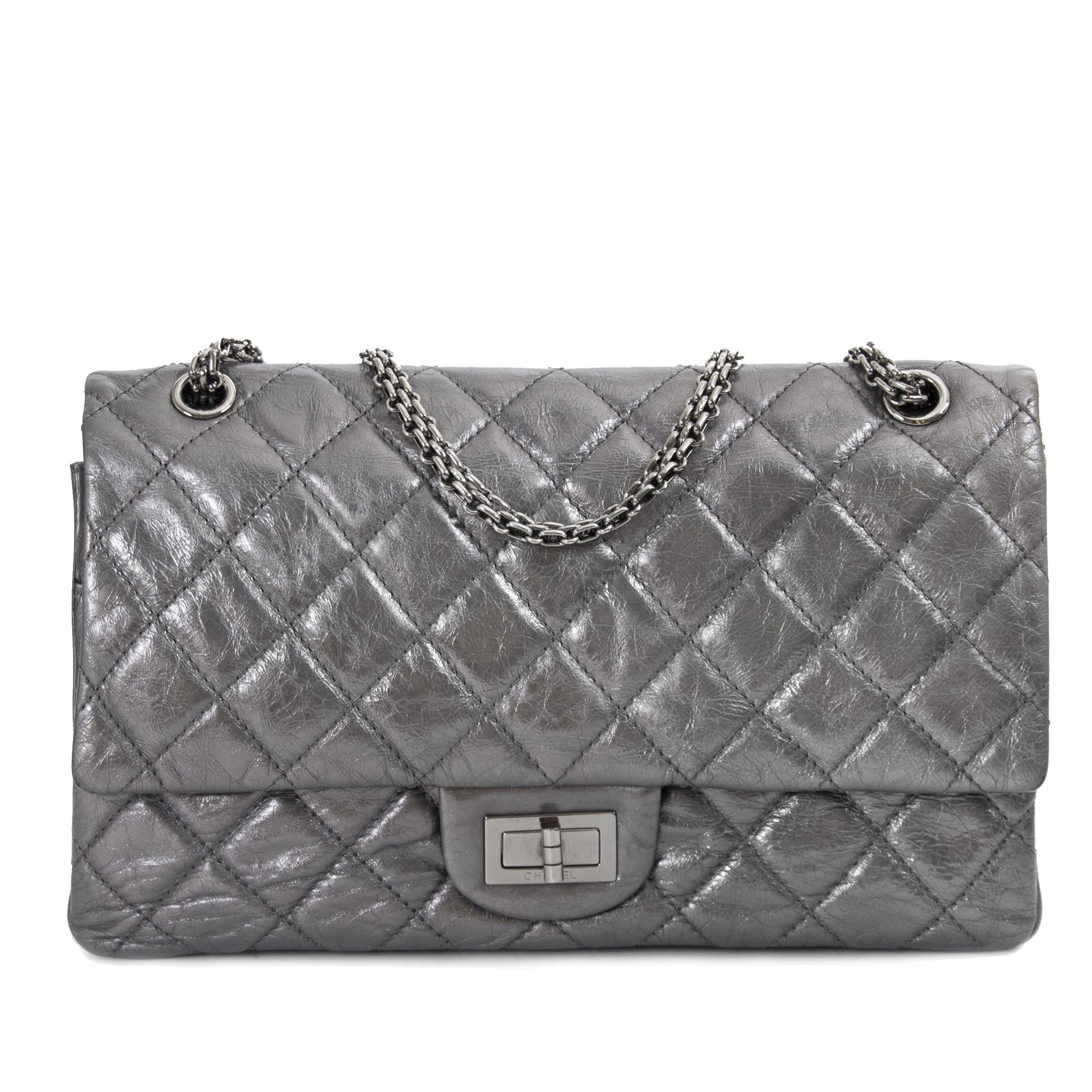 Chanel Metallic Silver 2.55 Reissue 277 Flap Bag Koop tweedehands handtassen Labellov eerlijke prijs betaal veilig Antwerpen België Chanel handtas flap bag vintage kopen online