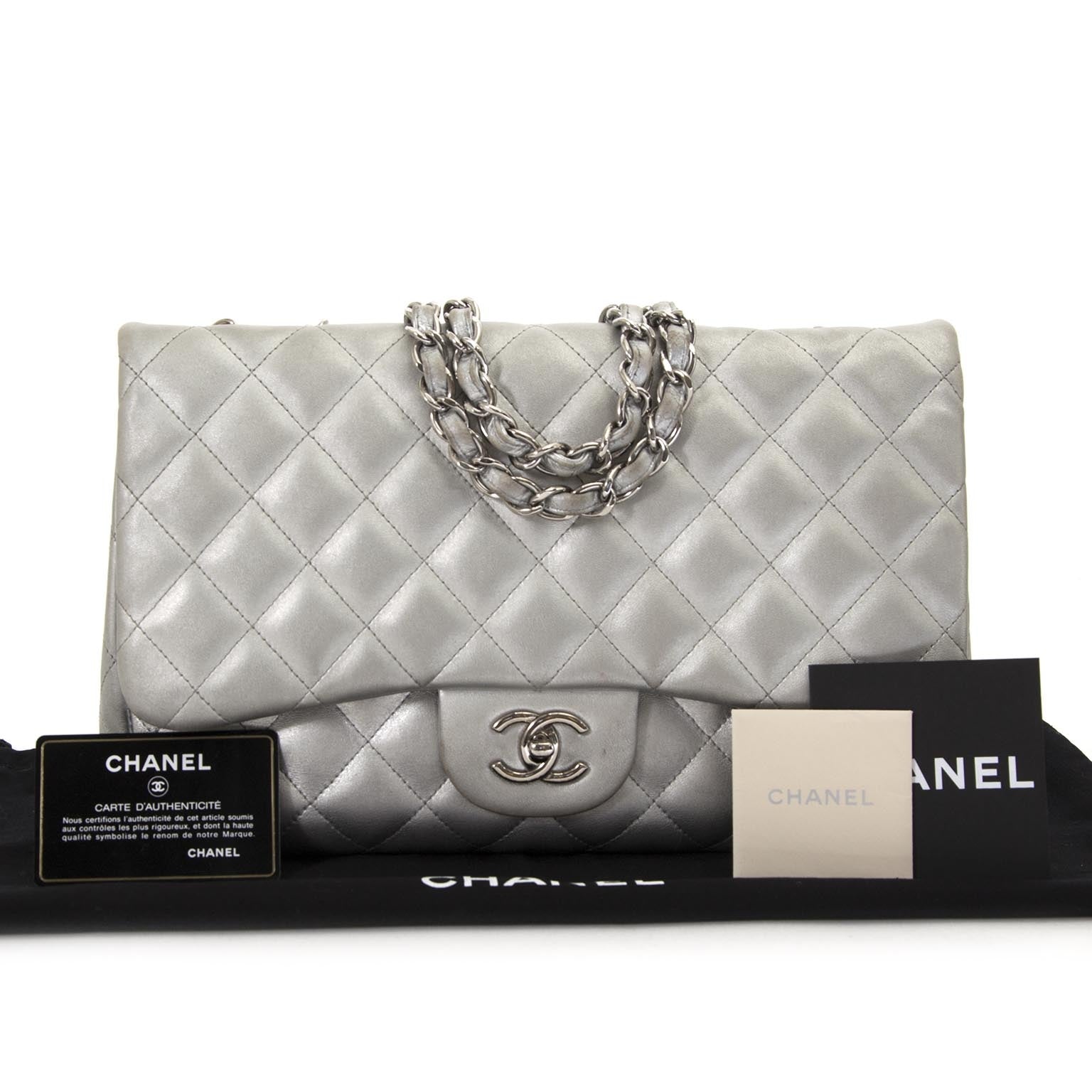 Chanel Jumbo Silver Quilted Metallic Lambskin Classic Flap Bag