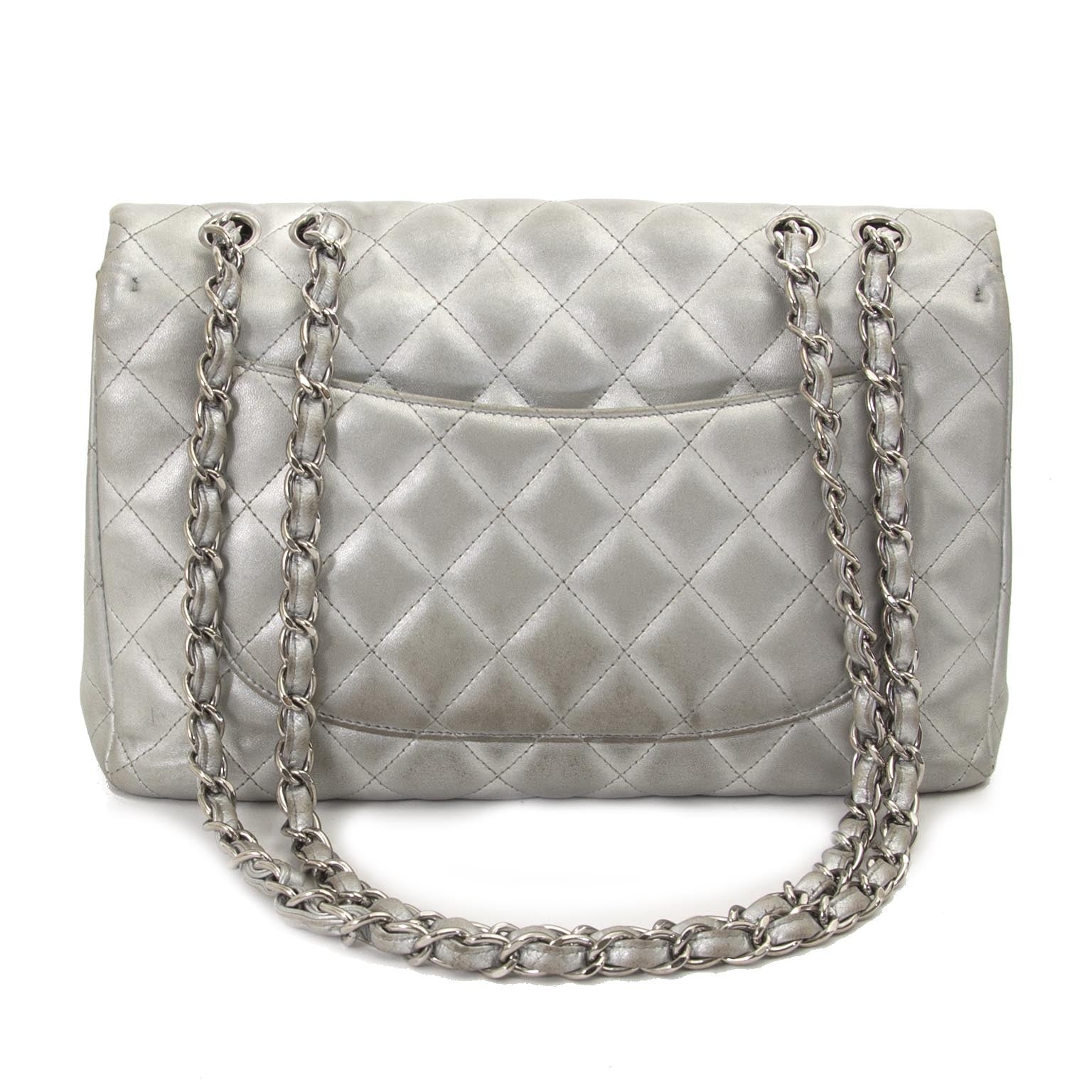 Chanel Jumbo Silver Quilted Metallic Lambskin Classic Flap Bag