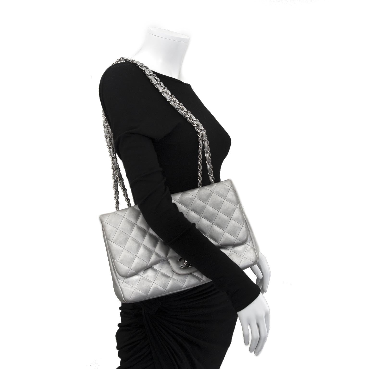 Chanel Jumbo Silver Quilted Metallic Lambskin Classic Flap Bag