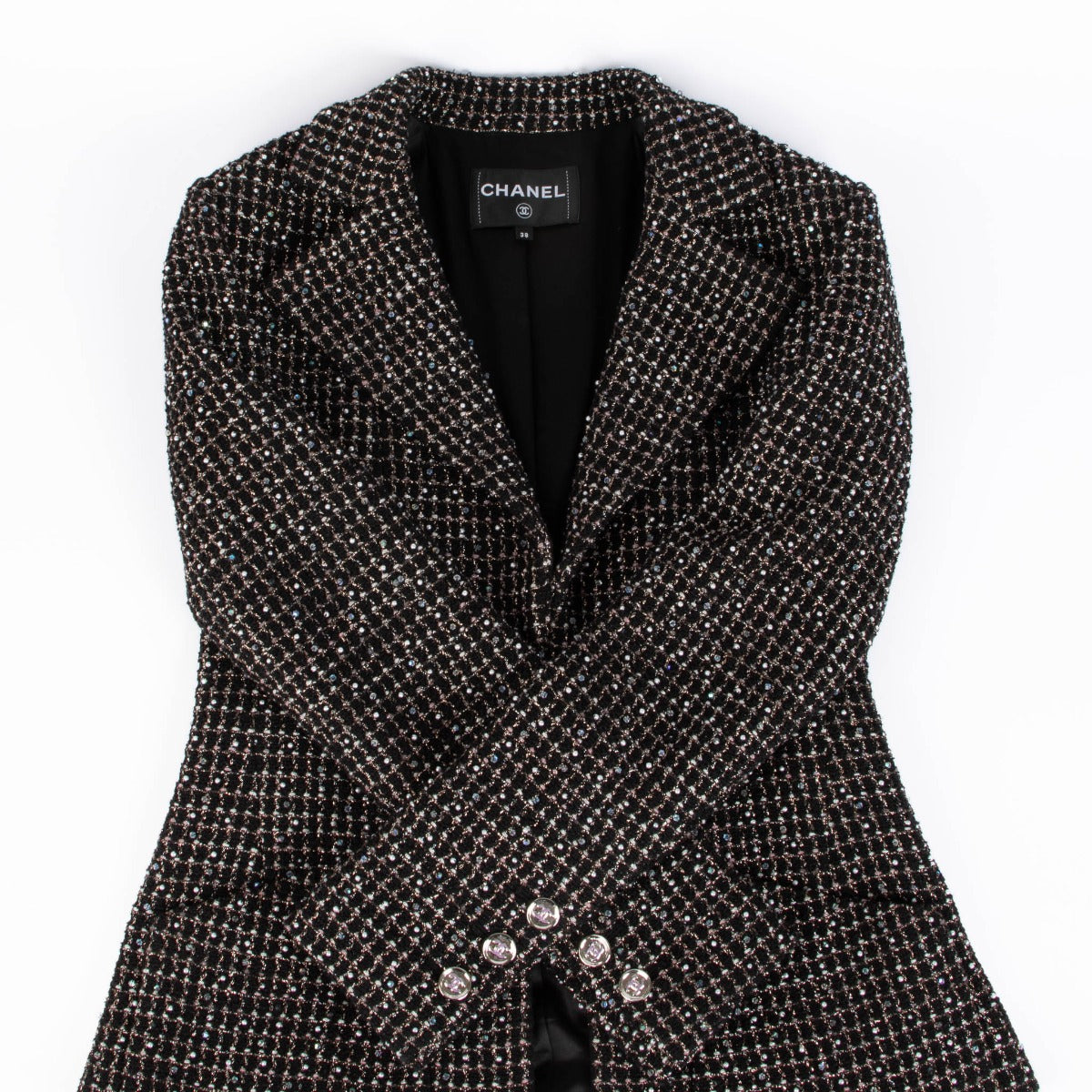 Chanel 23A Zwart Kraaltjes Tweed Jasje - Maat FR38