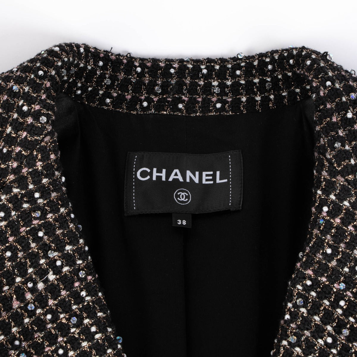 Chanel 23A Zwart Kraaltjes Tweed Jasje - Maat FR38