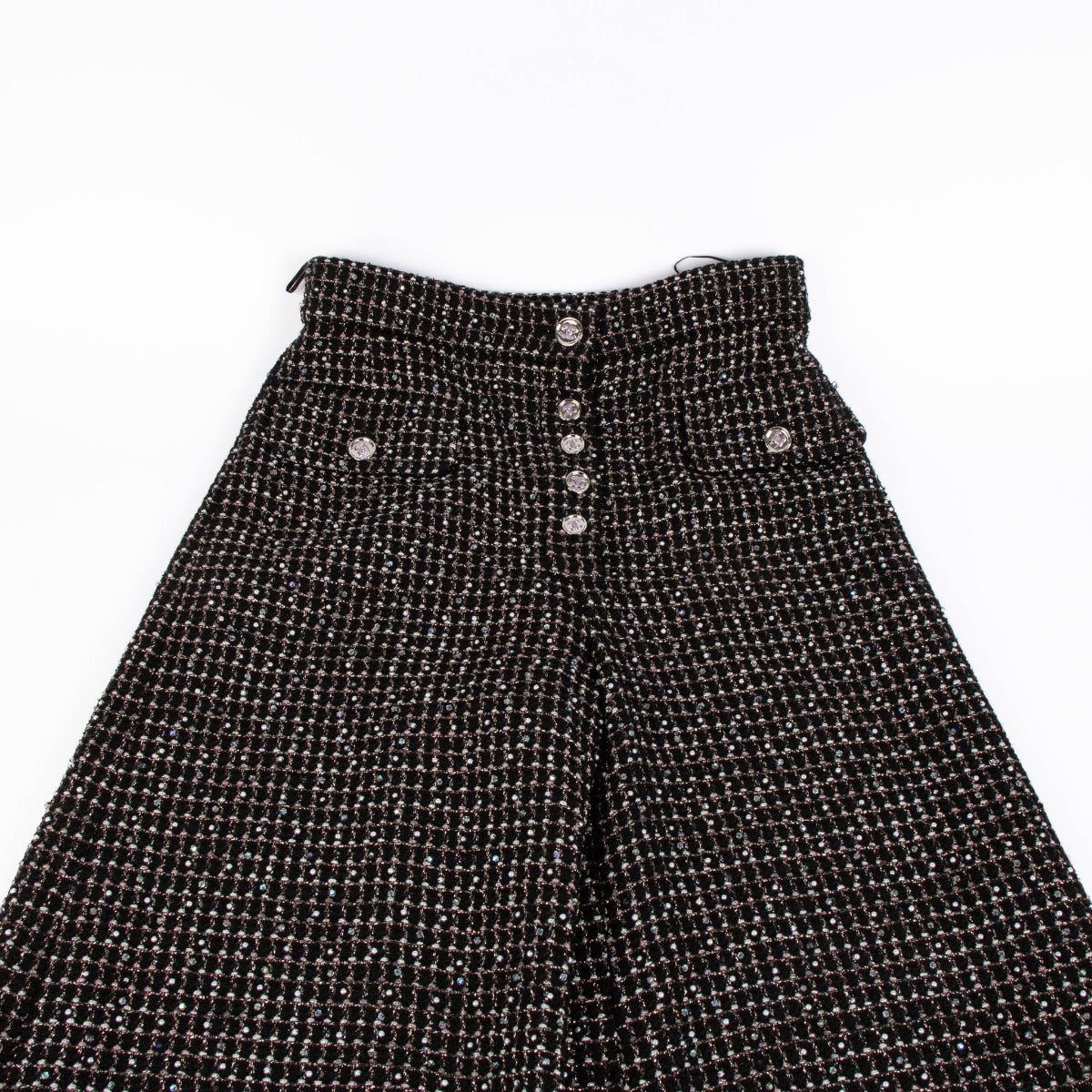 Chanel 23A Pantalon en tweed noir brodé de perles - Taille FR38