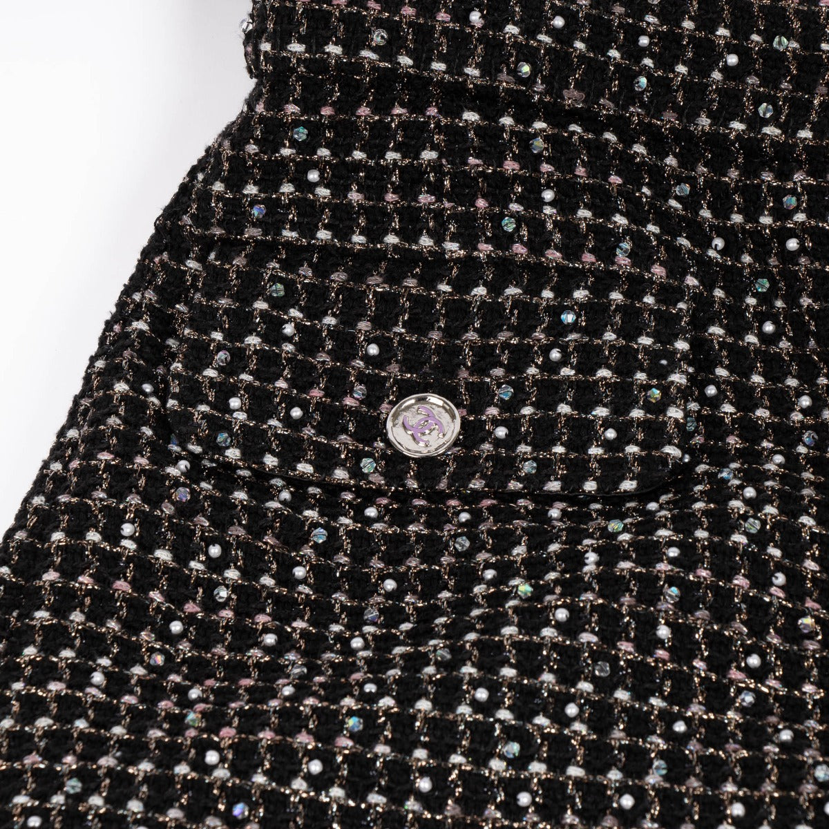 Chanel 23A Pantalon en tweed noir brodé de perles - Taille FR38