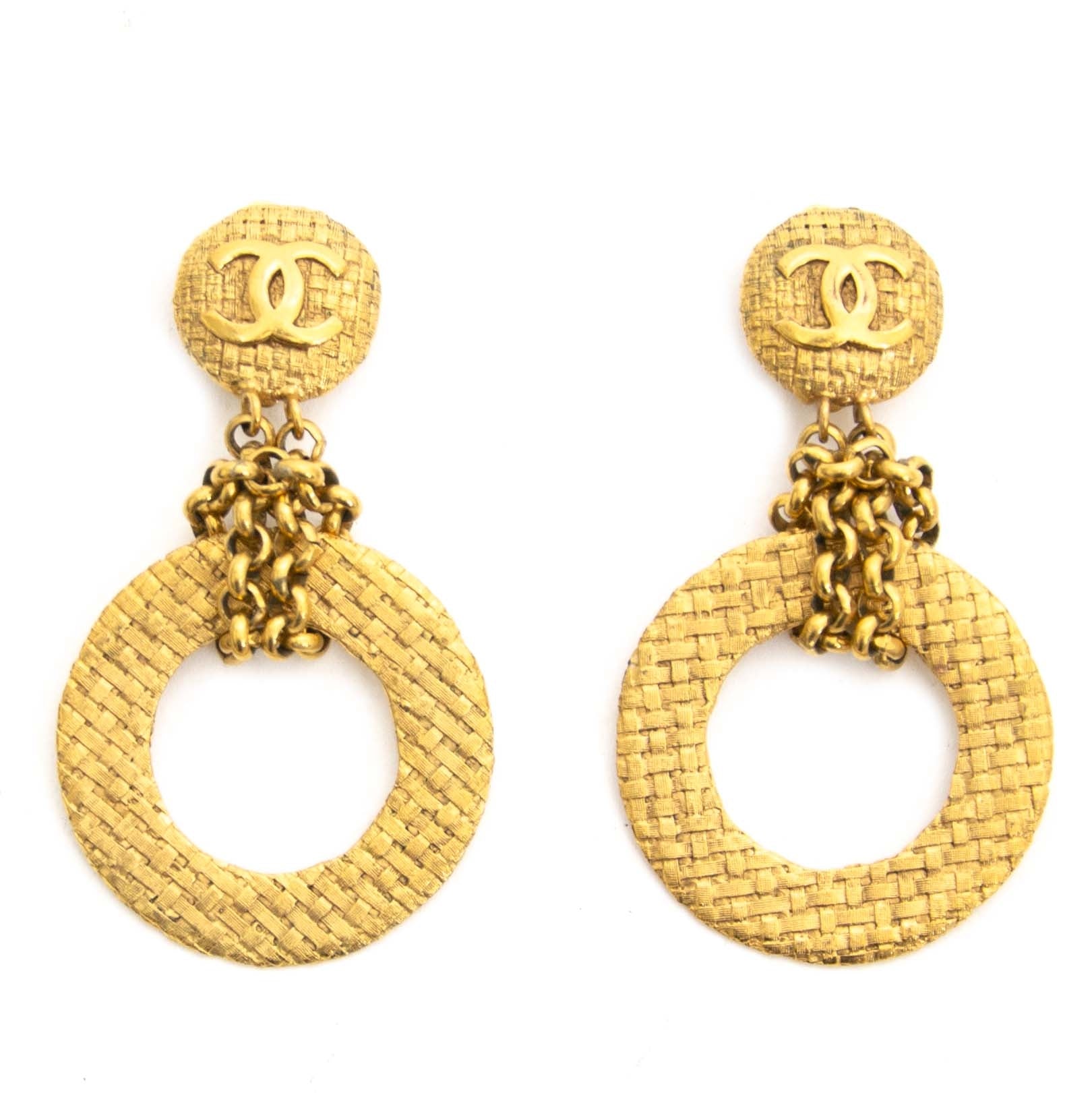 Chanel Chain CC Gold Metal Clip-On Earrings authentic designer vintage jewellry