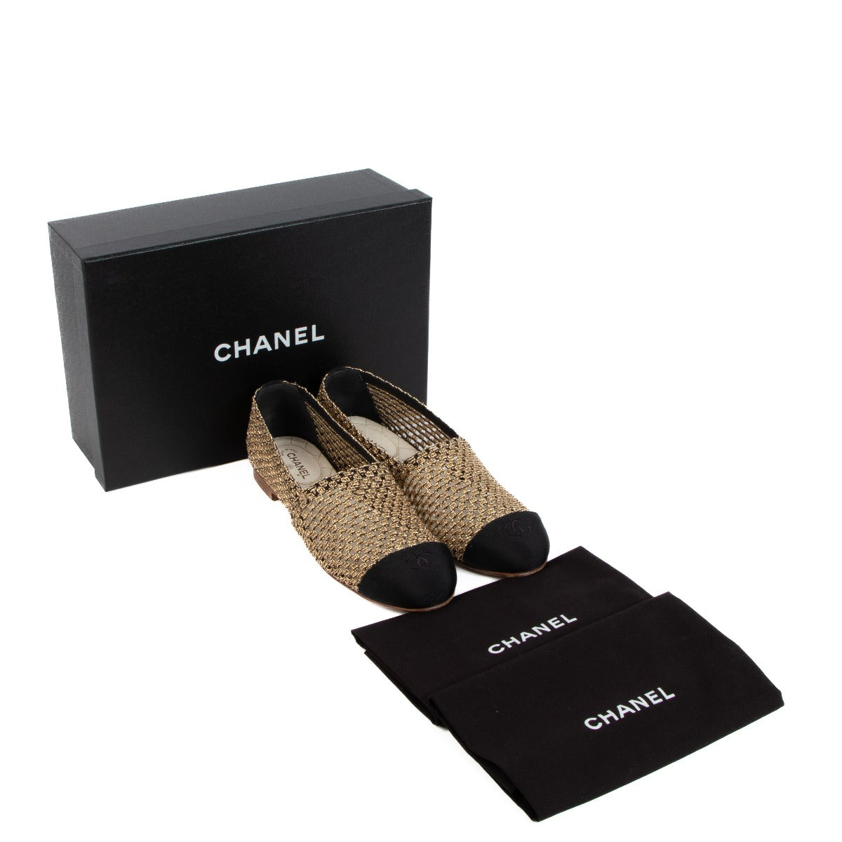Chanel 2019 Gold Mesh Cap Toe Loafers