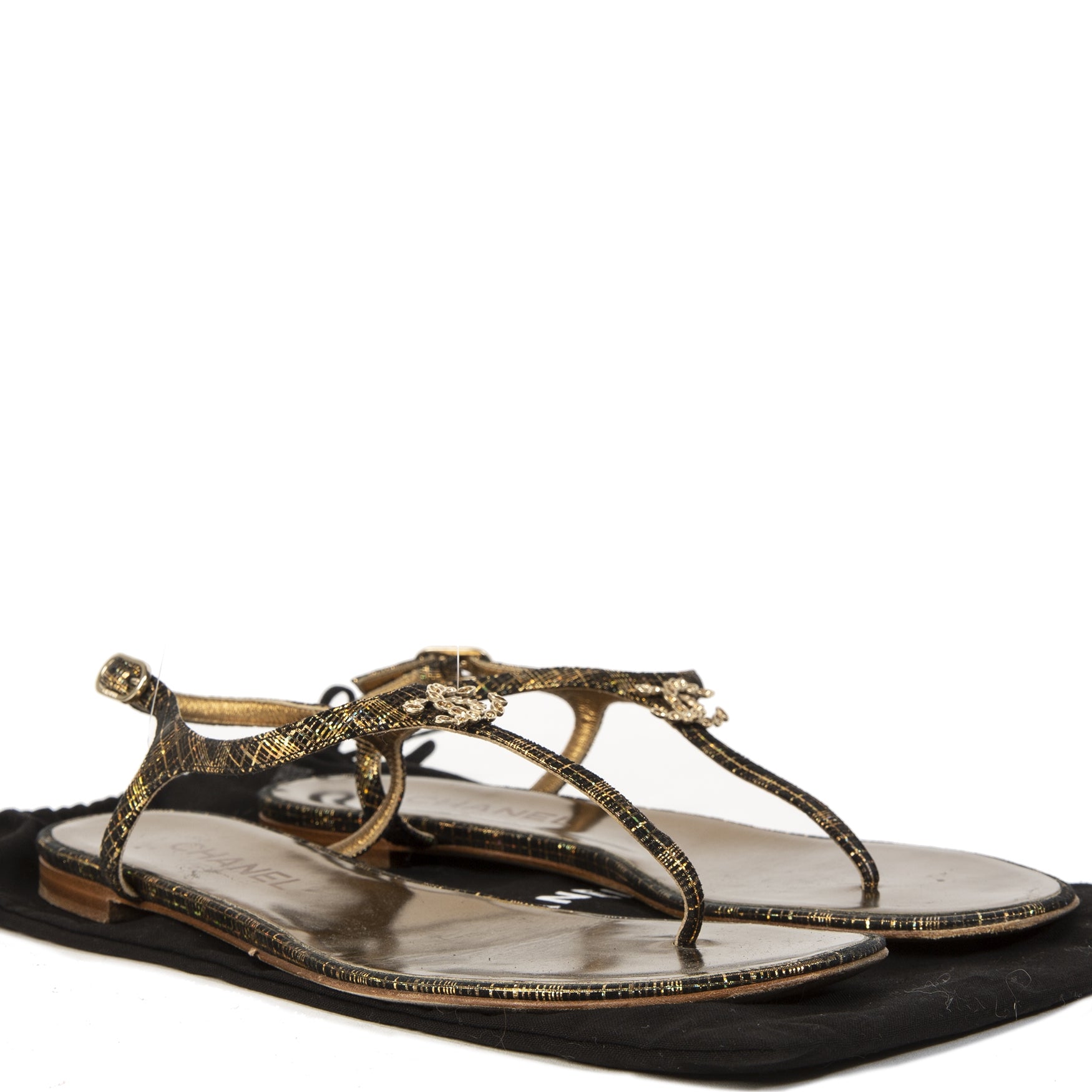 Chanel Brown Gold T-Strap Sandals With CC Logo Size 39