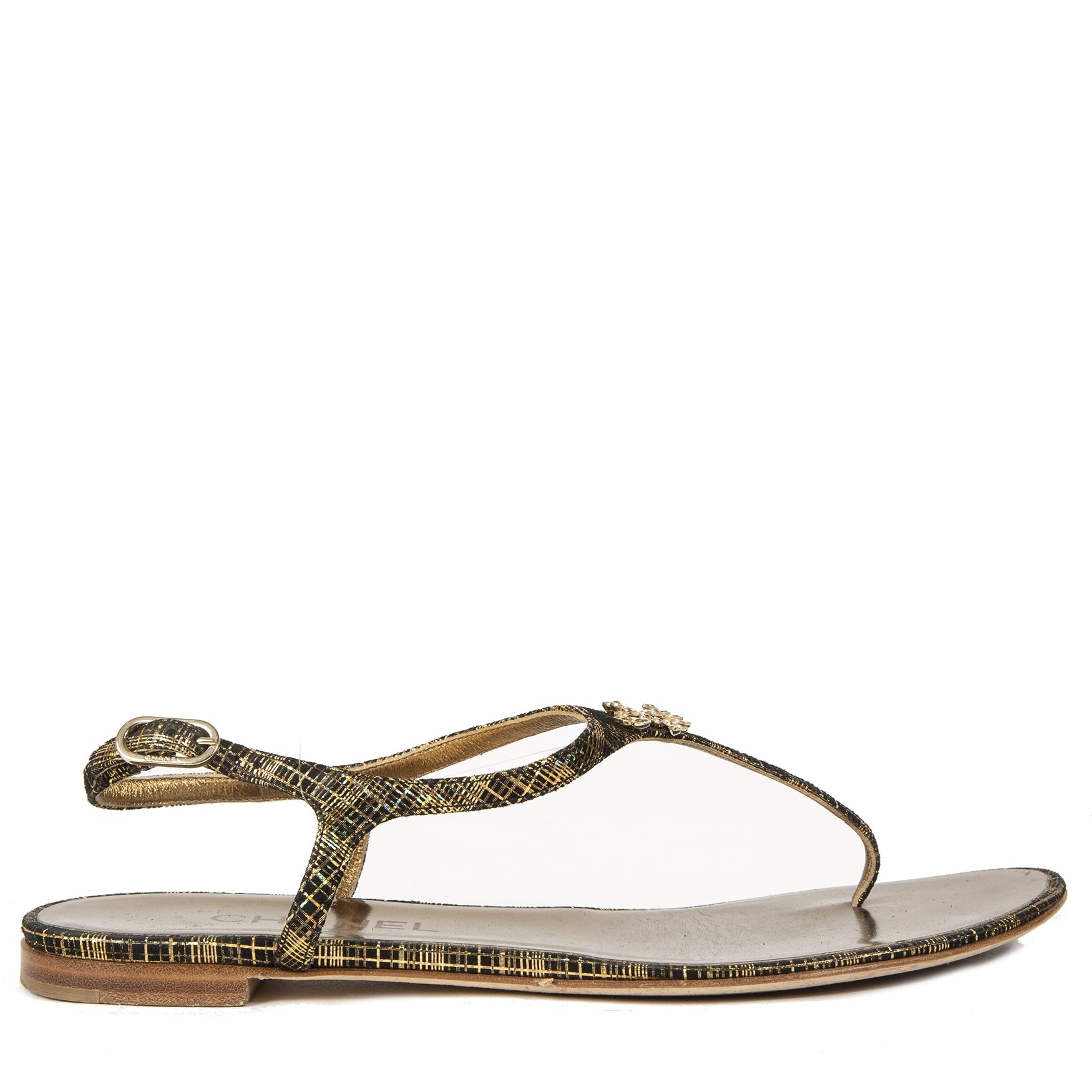 Chanel Brown Gold T-Strap Sandals With CC Logo Size 39