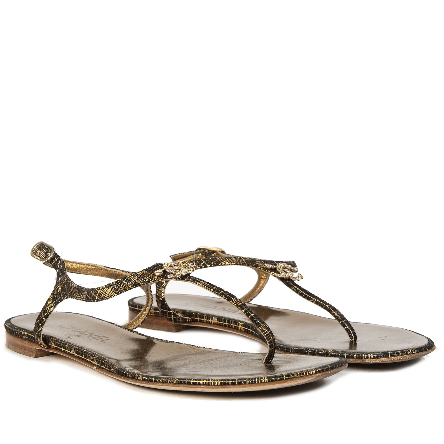 Chanel Brown Gold T-Strap Sandals With CC Logo Size 39