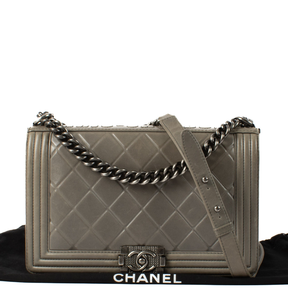 Chanel Grey Large Boy Paris - Salzburg Flap Bag for the best price at Labellov secondhand luxury in Antwerp and Knokke. We buy and sell your preloved designer bags.