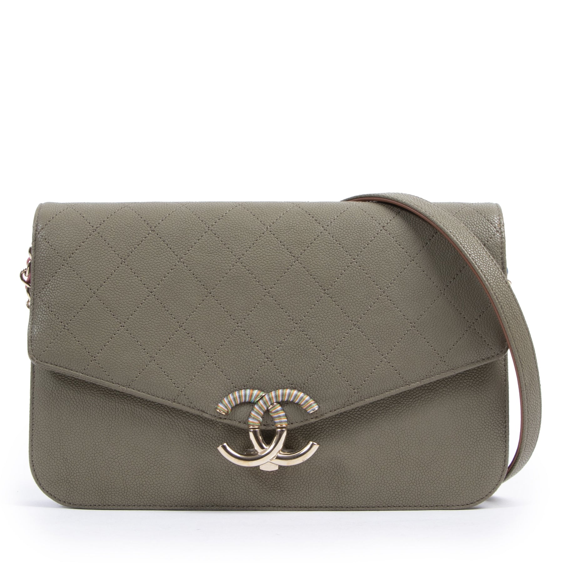Authentieke Tweedehands Chanel Green Quilted Envelope Crossbody Bag juiste prijs veilig online shoppen luxe merken webshop winkelen Antwerpen België mode fashion