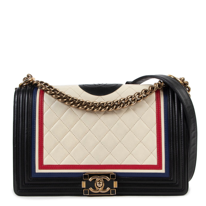 authentic second hand Chanel Navy & Cream Quilted Crest large new Medium Boy Bag at labellov