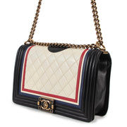 authentic second hand Chanel Navy & Cream Quilted Crest large new Medium Boy Bag at labellov