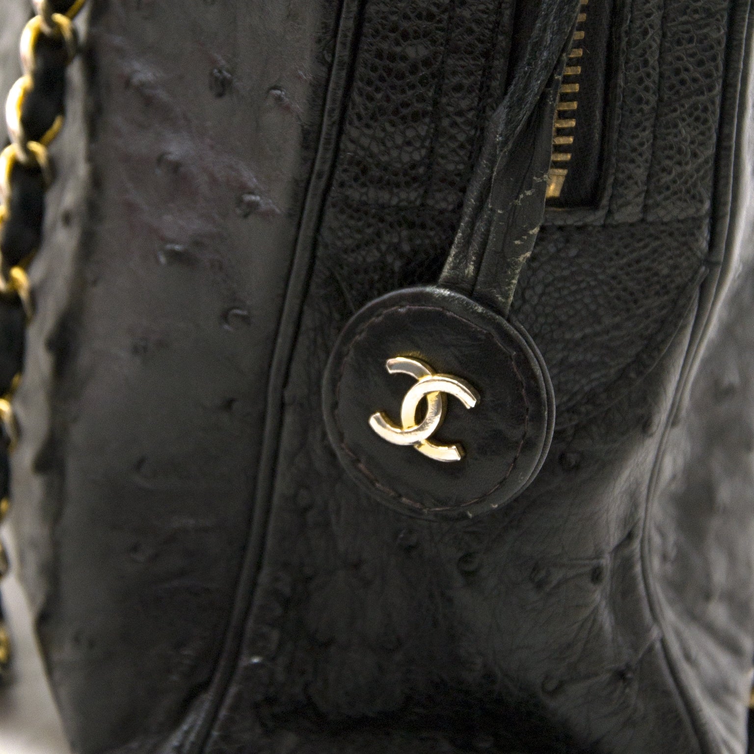 chanel black ostrich chain bag now for sale at labellov vintage fashion webshop belgium