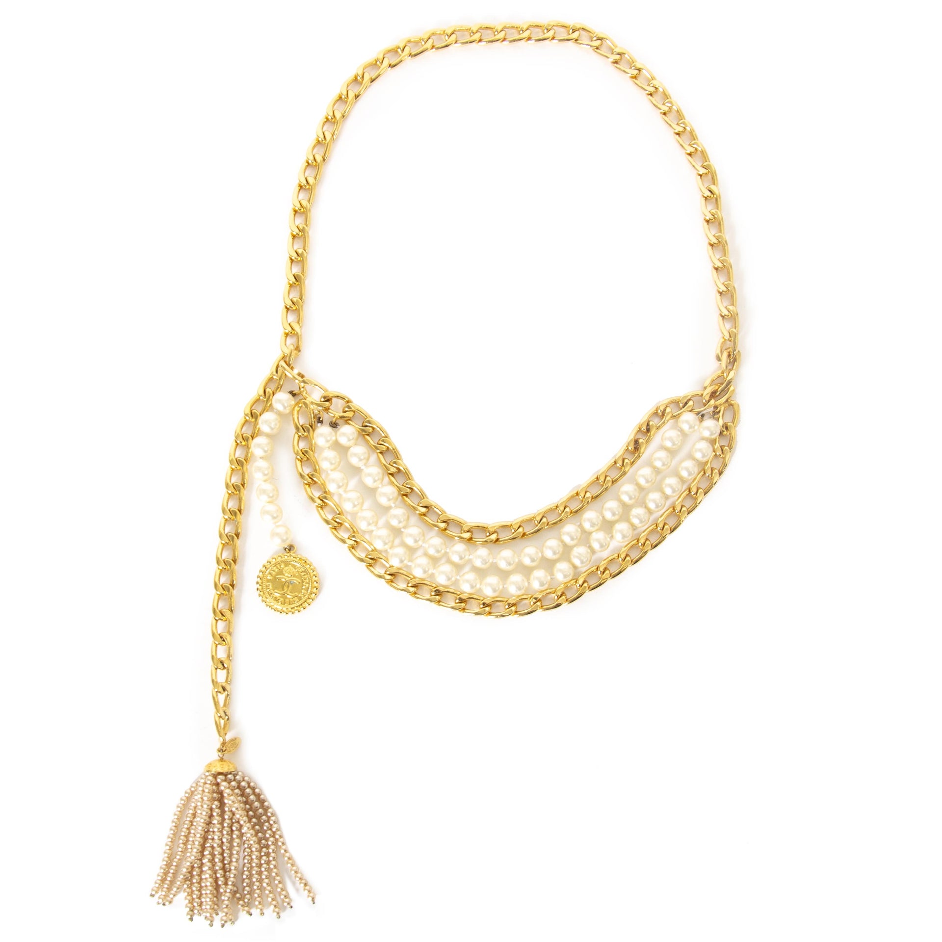 Rare Vintage Chanel Pearl Tassel Chain Belt now for sale at labellov vintage fashion webshop belgium