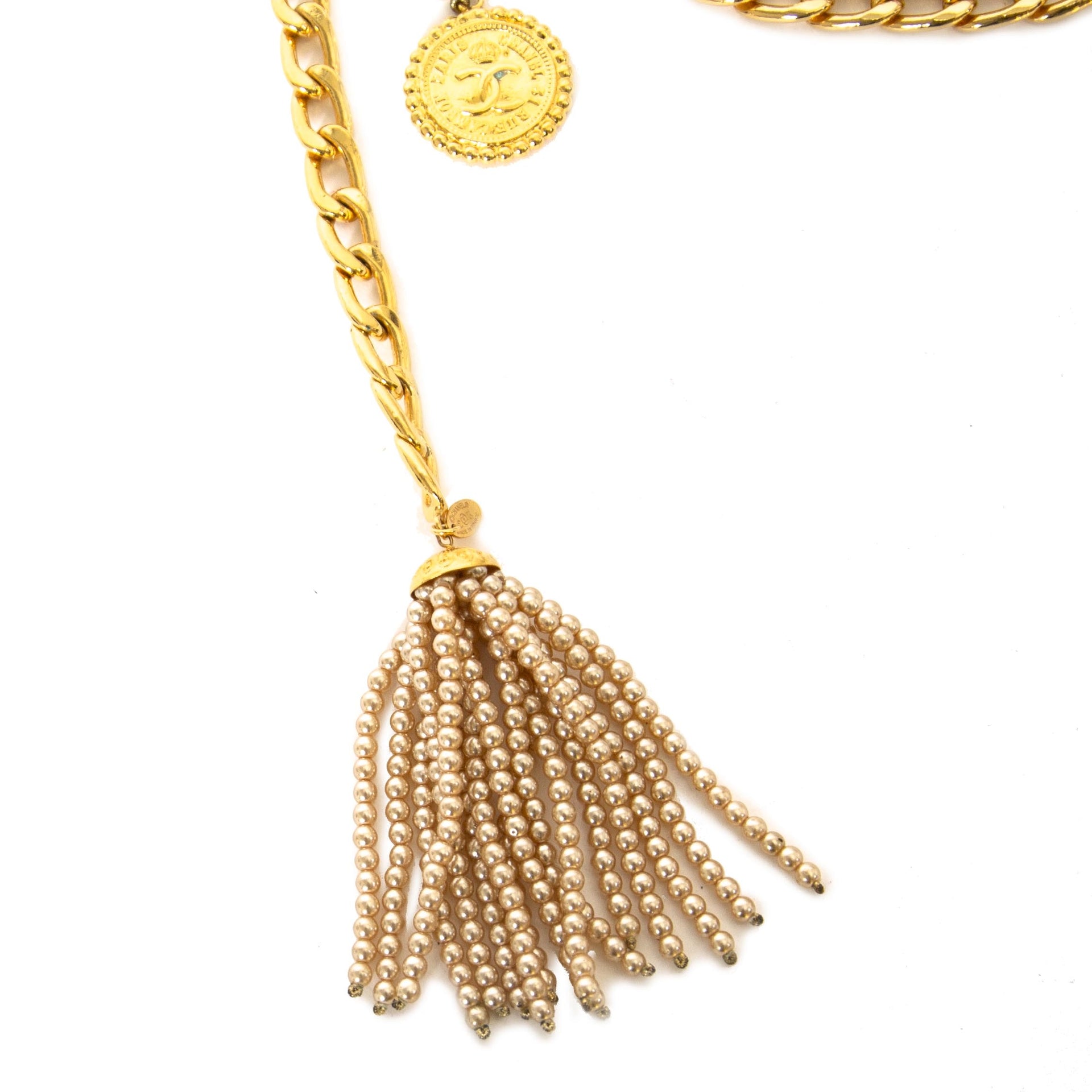 Rare Vintage Chanel Pearl Tassel Chain Belt now for sale at labellov vintage fashion webshop belgium