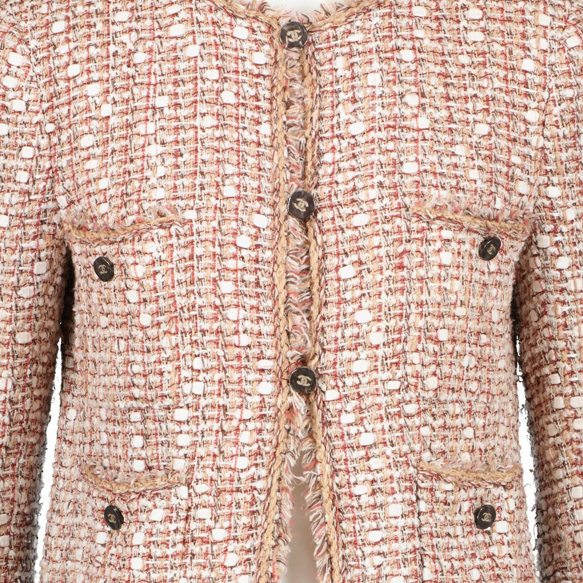 Chanel Lente 2006 Roze Tweed Franjes Metallic Klassiek Jasje - Maat FR38