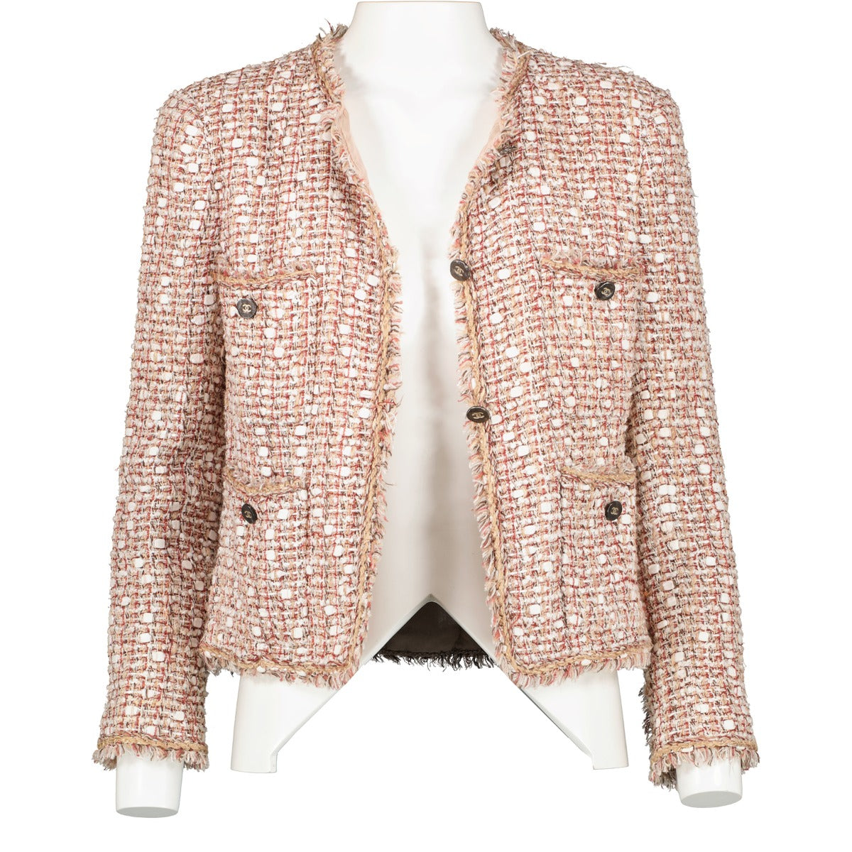 Chanel Lente 2006 Roze Tweed Franjes Metallic Klassiek Jasje - Maat FR38