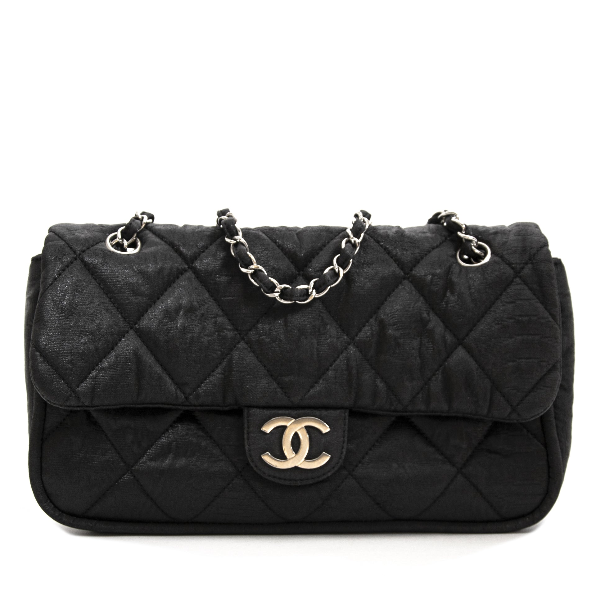 Chanel Black Glitter Jersey Flap Bag now for sale at labellov vintage fashion webshop belgium